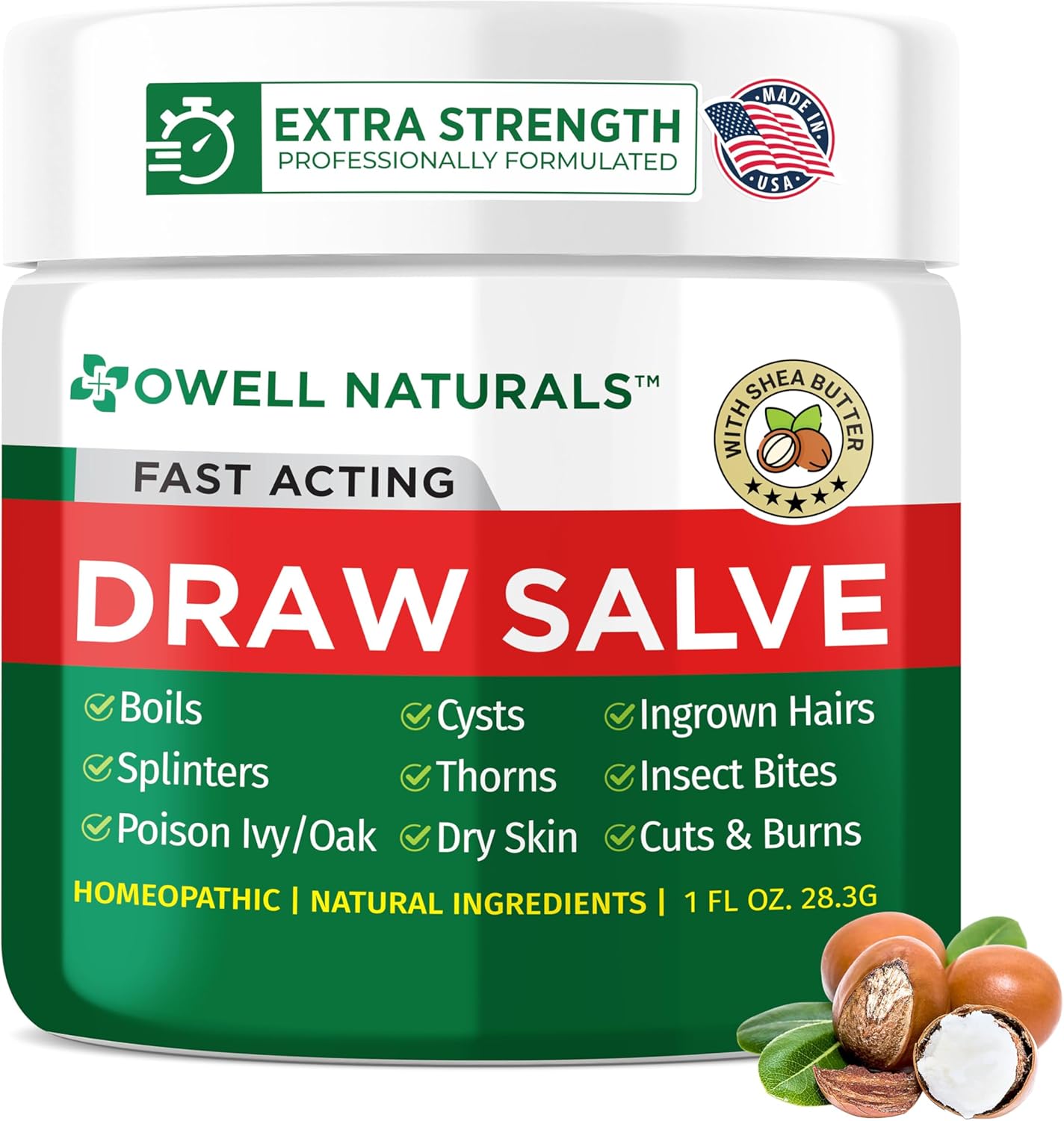 Owell Naturals Drawing Salve Ointment with Pure Shea Butter, for ingrown Hair, Boil, Splinter Remover, Bug Spider Bites, Bee Sting, Mosquito Itch, Poison Ivy, Burns & Cuts,1 Fl Oz (Pack of 1)