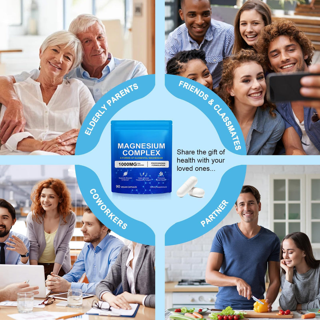 Supplement package for magnesium complex with blue label, white capsules, and fruits on a white background