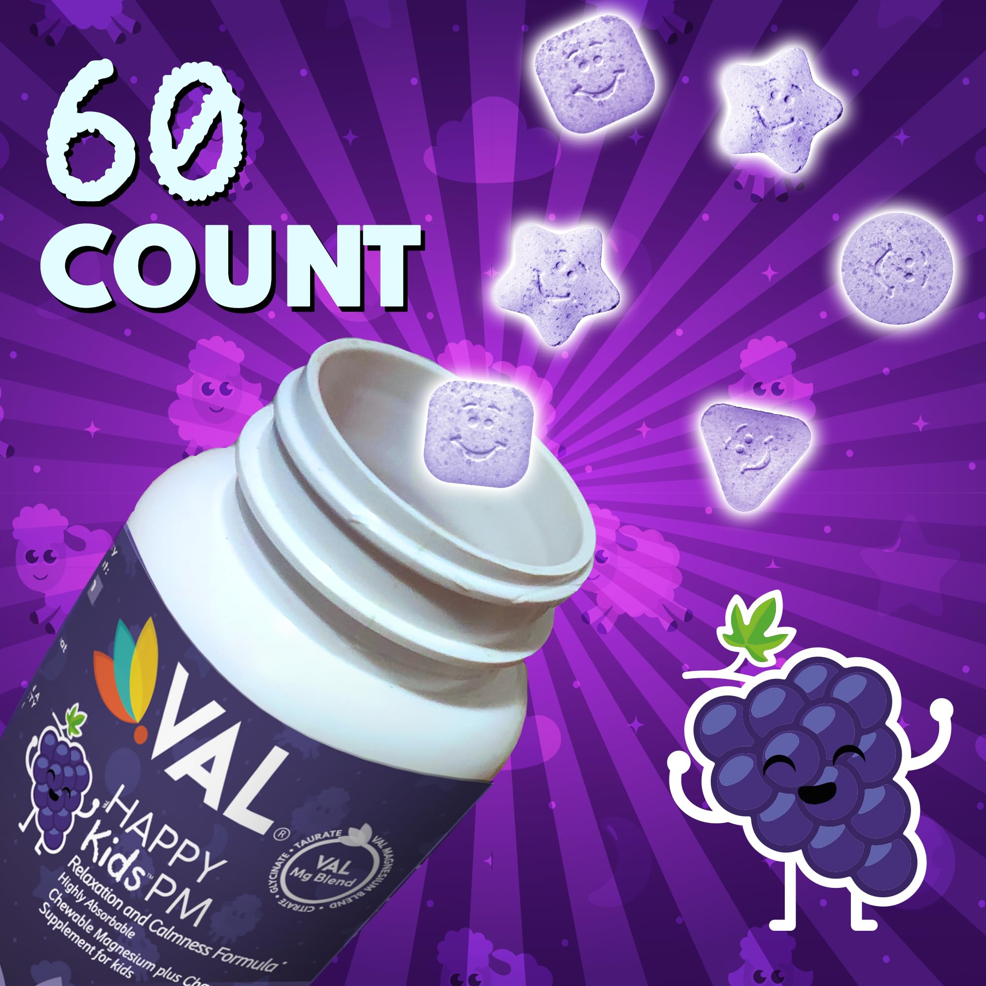 VAL Kids PM Magnesium Gummies | Sugar-Free Chewable Tablets with Chamomile, Magnesium Glycinate + Citrate + Taurate | Vitamin B6 & C | Natural Grape Flavor | Sleep & Calm Support | 60 Ct | Ages 4+ VALBuy Supplements Australia
