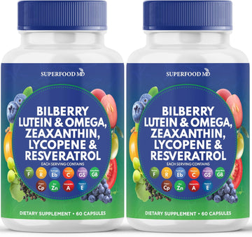Superfood MD Eye Health Vitamins with Bilberry Lutein & Zeaxanthin Lycopene 40mg Resveratrol Grape Seed Extract Astaxanthin- AREDS 2 - Eye Vitamin - 120 Capsules