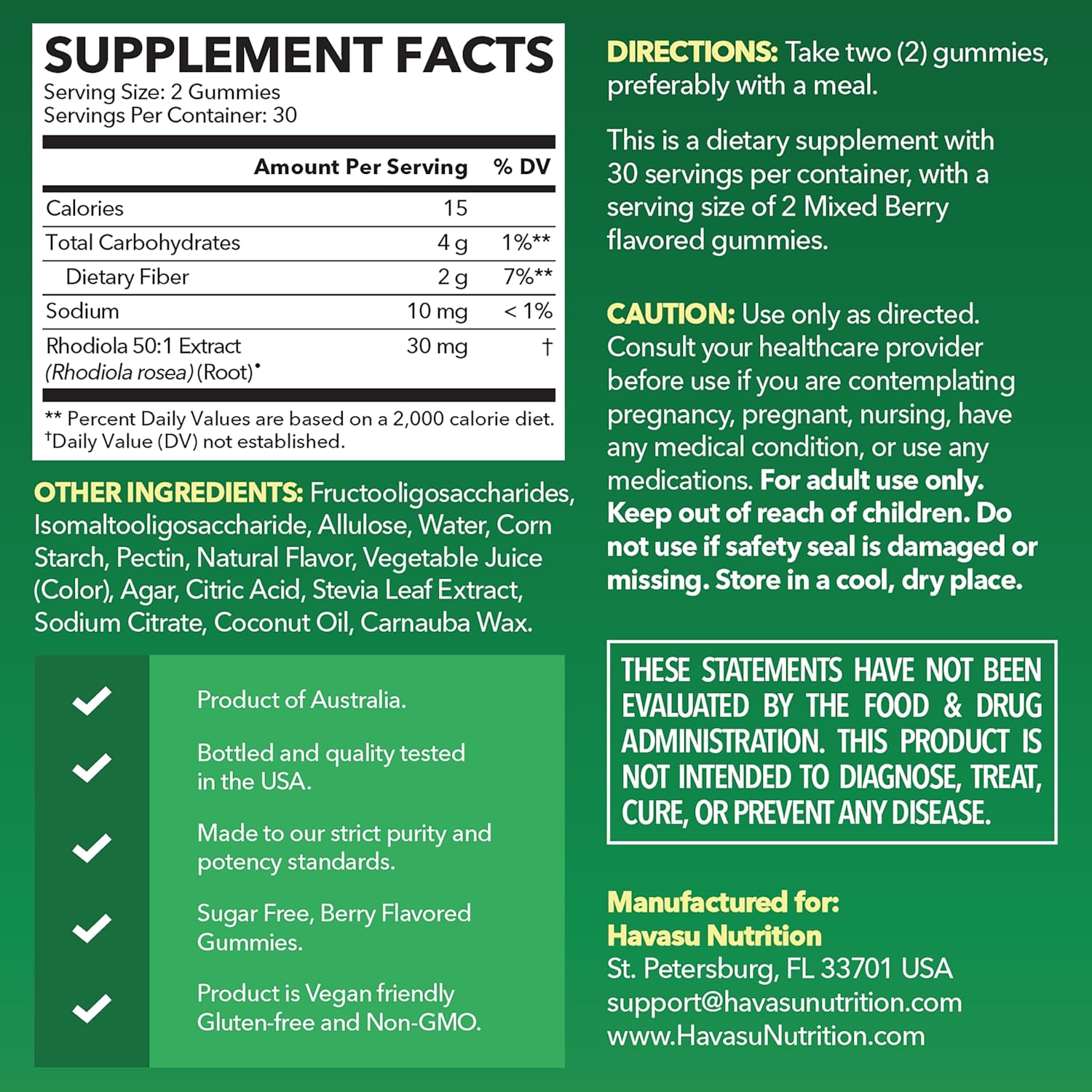 Rhodiola Rosea Gummies, Sugar Free Rhodiola Supplement, 30 Servings | Herbal Adaptogen for Mental Clarity and Performance, 60 Count, Vegan and Gluten-Free, Mixed Berry Flavor, 1-Month Supply