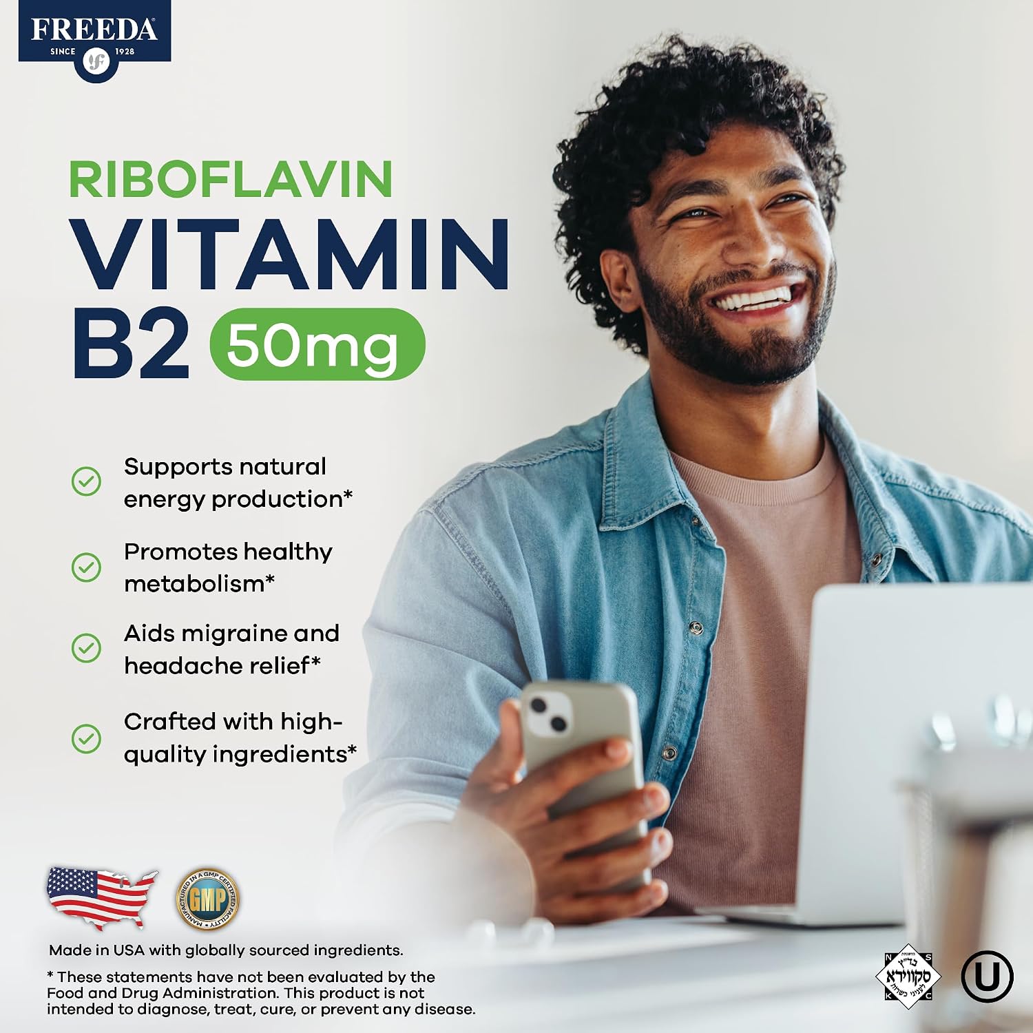 FREEDA Riboflavin Vitamin B2 Supplement - 50mg - 100 Tablets | Vegan & Kosher Riboflavin B2 50mg Tablets - Support Energy, Brain Function, Metabolism, and Nervous System Health