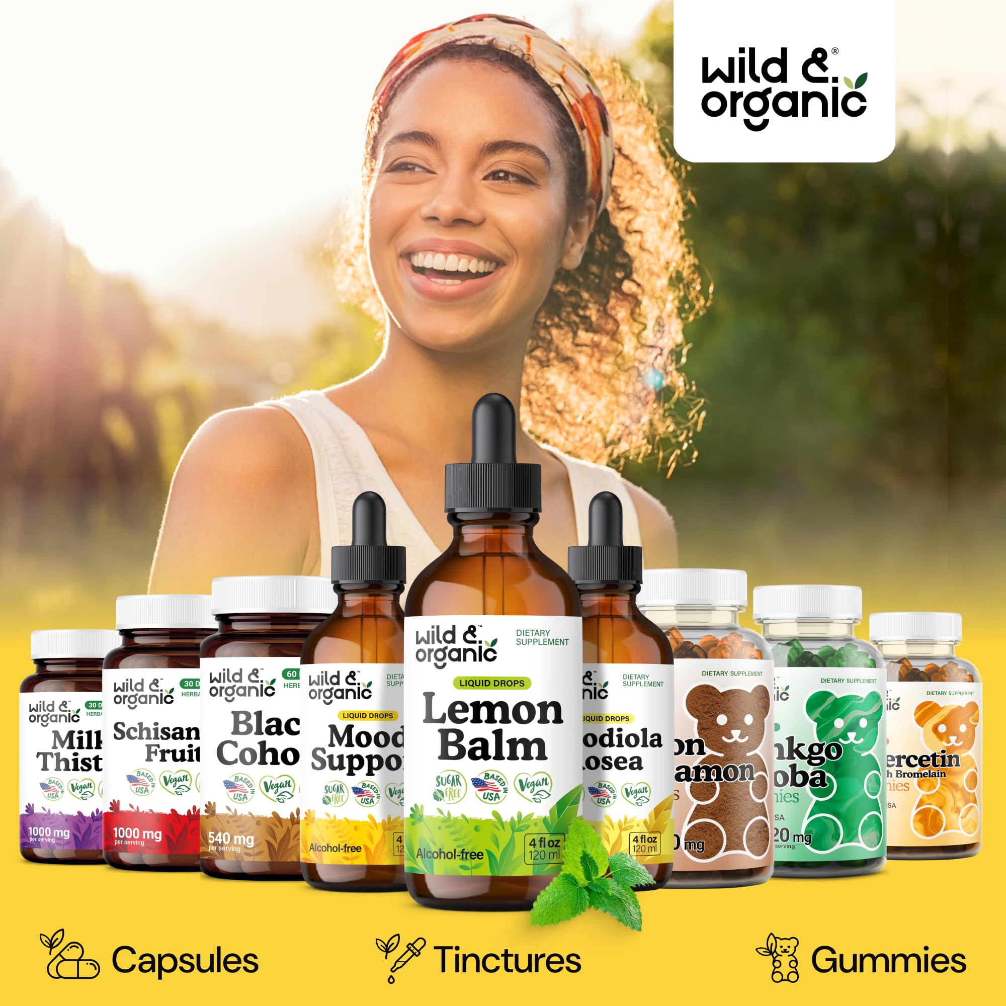 Wild & Organic Lemon Balm Tincture - Good Mood Support - Melissa Lemon Balm Extract Drops - Add to Tea for Relaxation - Vegan, Sugar & Alcohol-Free Leaf Supplement - 4 fl oz