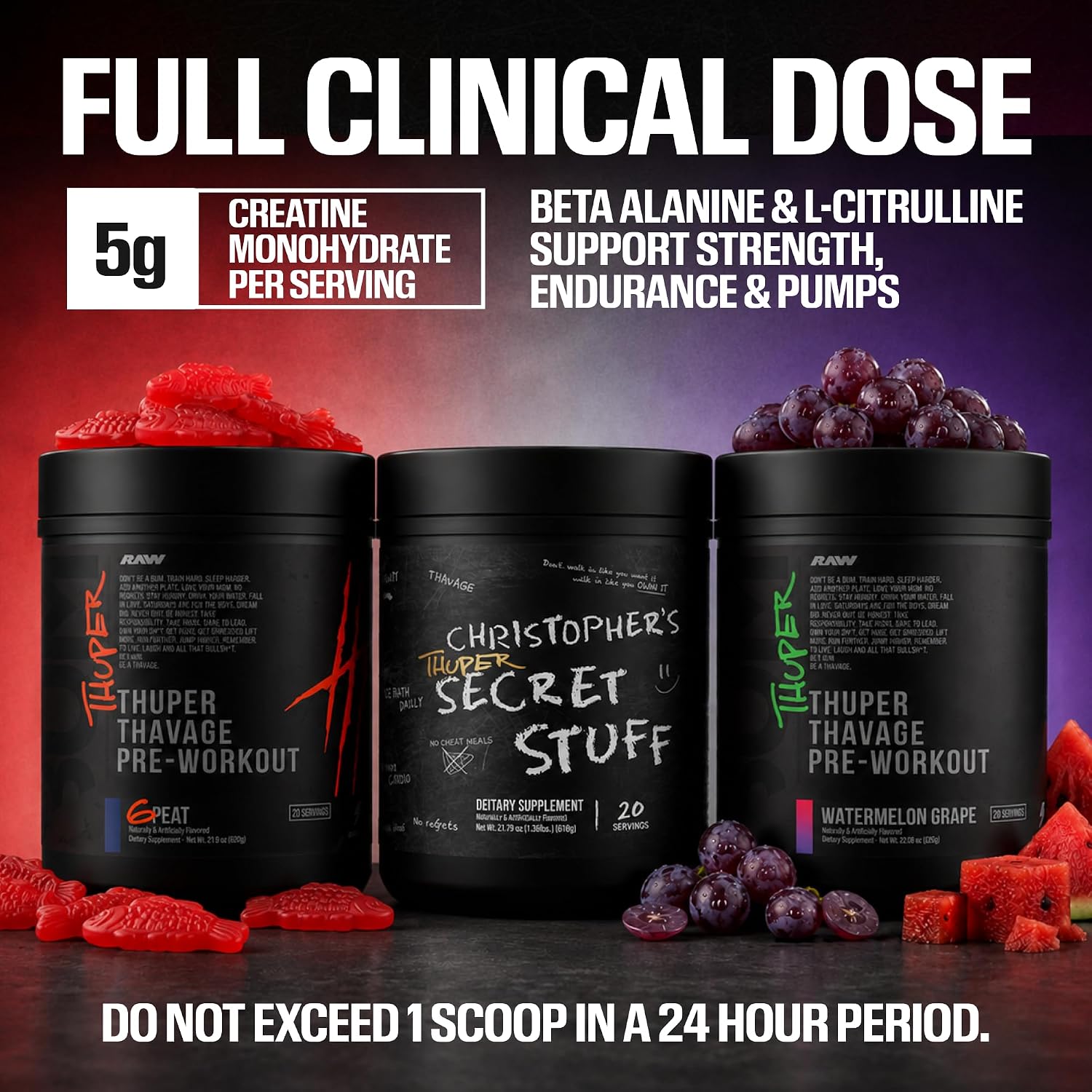RAW Thuper Thavage Pre Workout Powder - High-Stim Preworkout with Creatine, Beta Alanine, L-Citrulline & Caffeine - Chris Bumstead Gym & Fitness Supplement for Men & Women - Watermelon Grape