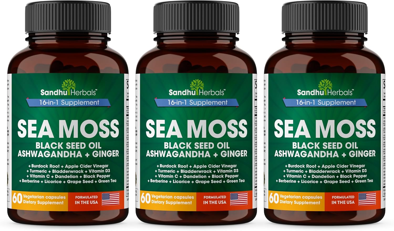 Sea Moss Black Seed Oil Ashwagandha Ginger Burdock Root, Turmeric,Black Pepper | 60 Capsules (Pack of 3)