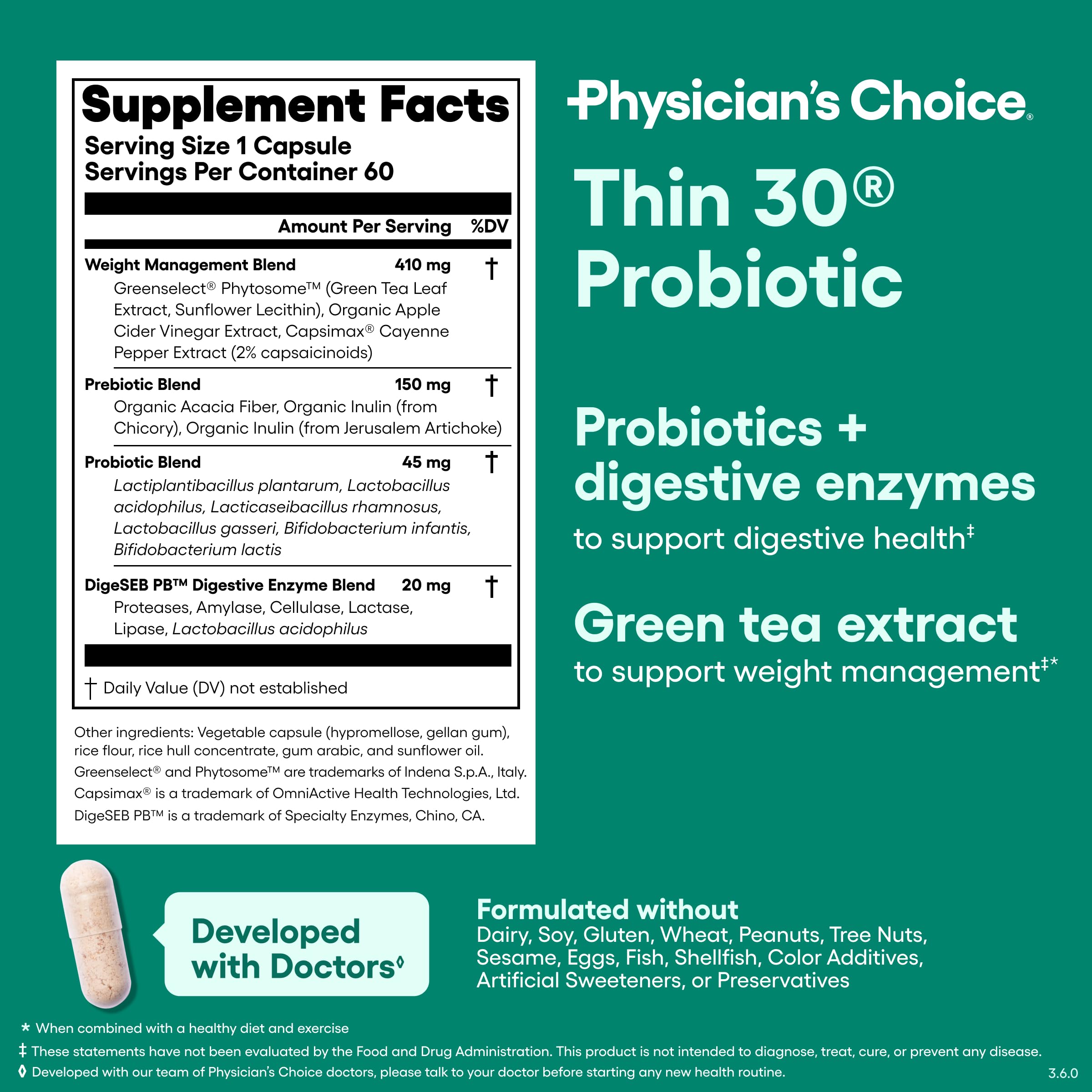 Physician's CHOICE Probiotics for Weight Management & Bloating, 30ct | 6 Probiotic Strains, Prebiotics, Cayenne, & Green Tea for Gut Health, Bloating Relief, & Weight Management for Women & Men