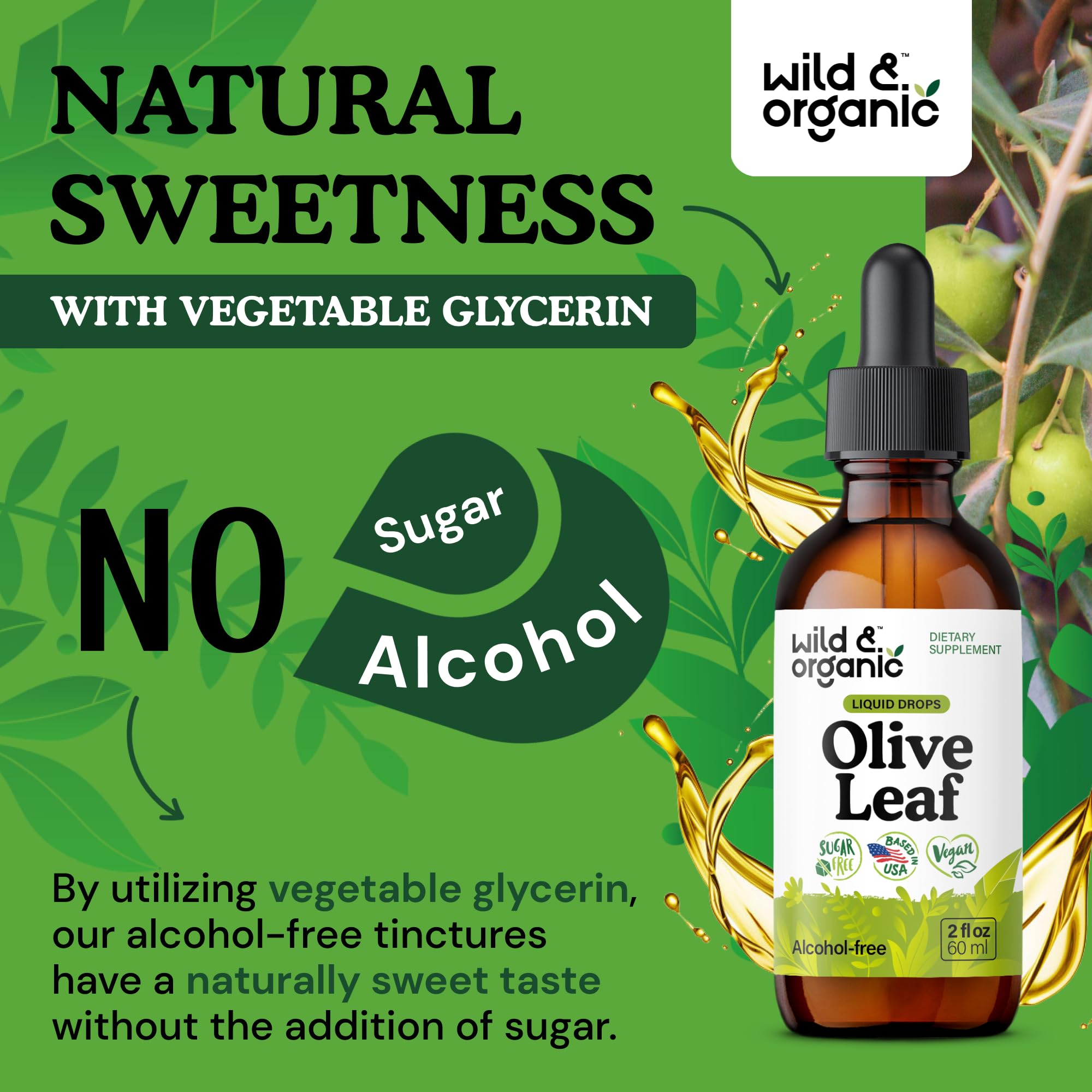 Wild & Organic Olive Leaf Extract Liquid Drops - Immune & Antioxidant Support - Oleuropein Supplement - Add to Tea Olive Leaf Tincture - Vegan, Sugar & Alcohol Free - 4 fl oz