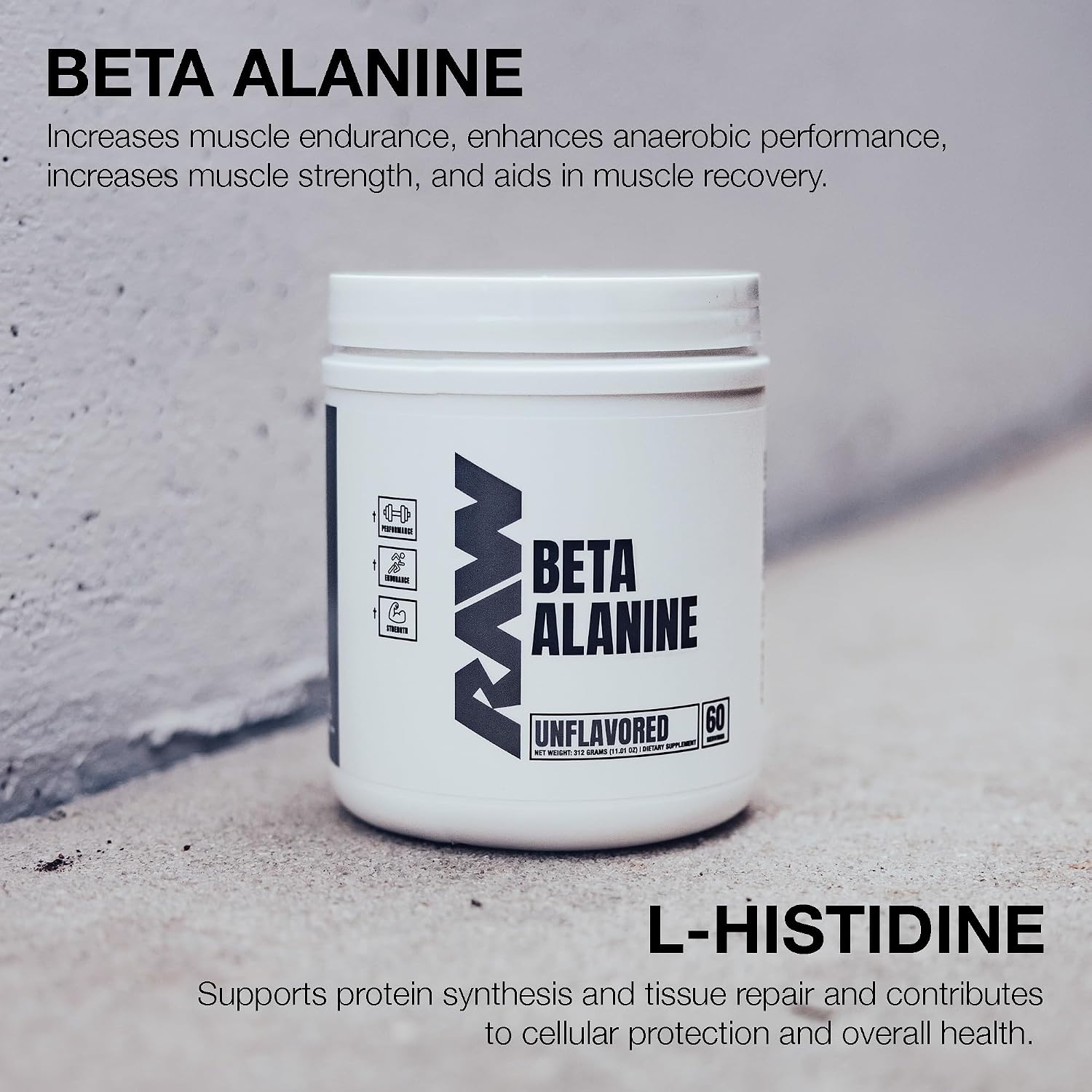RAW Beta Alanine Powder, Unflavored (60 Servings) - Pre-Workout Powder for Men & Women - Beta Alanine Supplement for Workout Endurance - Preworkout Beta Alanine Powder for Reduced Muscular Fatigue