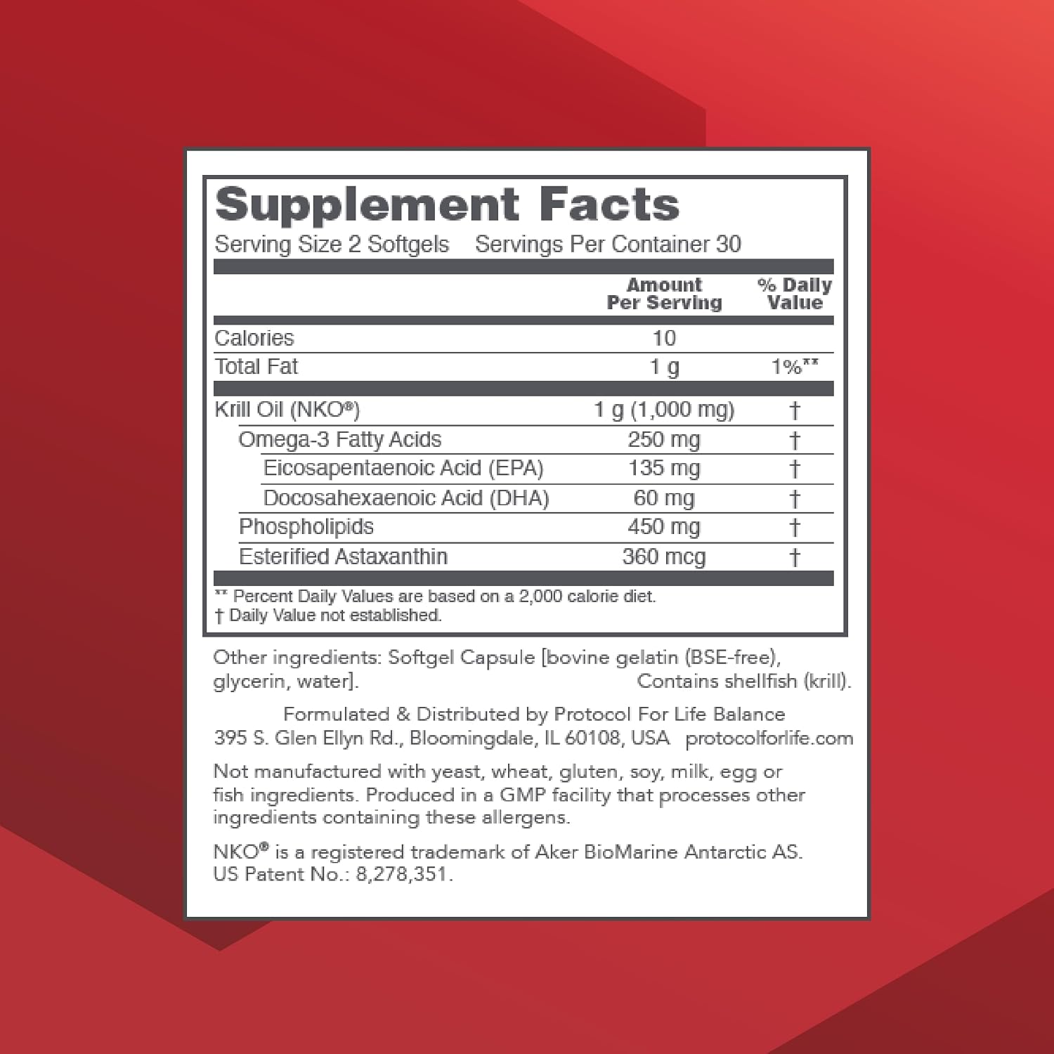 PROTOCOL FOR LIFE BALANCE Krill Oil 1,000mg, DHA & EPA, 60 Softgels | Extra Strength Krill Oil Supplement, DHA and EPA, with Astaxanthin, Support Heart, Brain, Joints*, Non-GMO and Halal