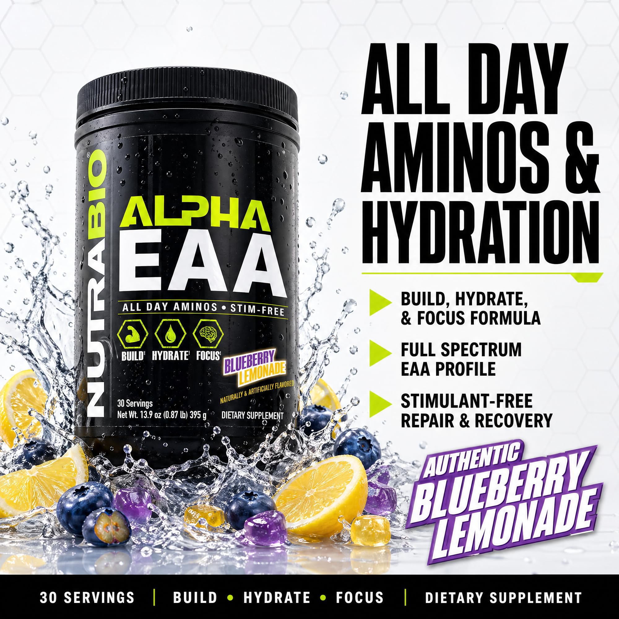 NutraBio Alpha EAA - All-Day Amino Acids for Muscle Growth and Hydration - Essential Amino Acids with Nootropics & Adaptogens- Full Spectrum EAA BCAA Powder - 30 Servings - Strawberry Lemon