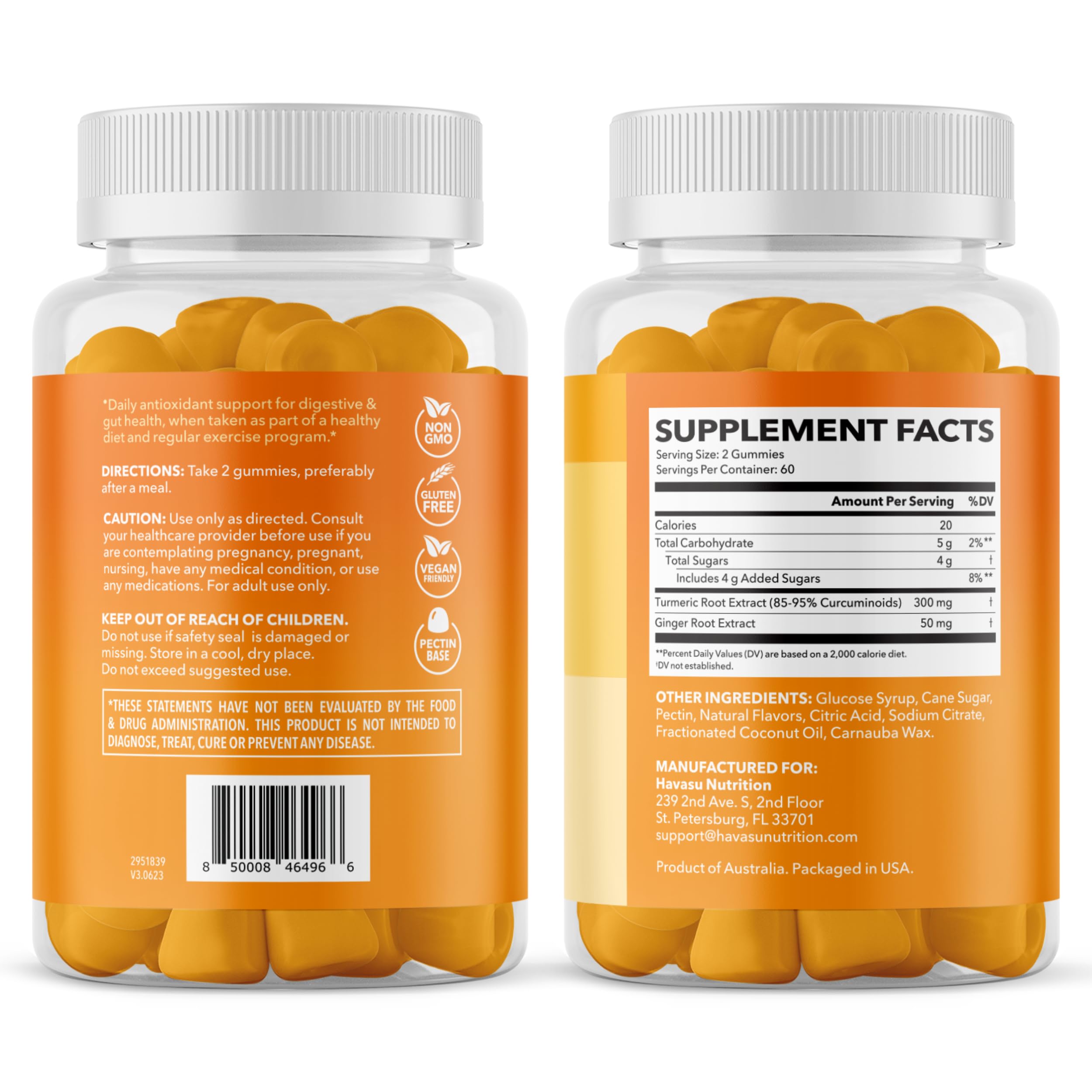 Turmeric Gummies, Peach, 60ct, Digestive & Immune Support for Wellness | Turmeric Gummies with Ginger Root Extract, Digestive Health & Immune Support for Overall Wellness, 1 Month Supply