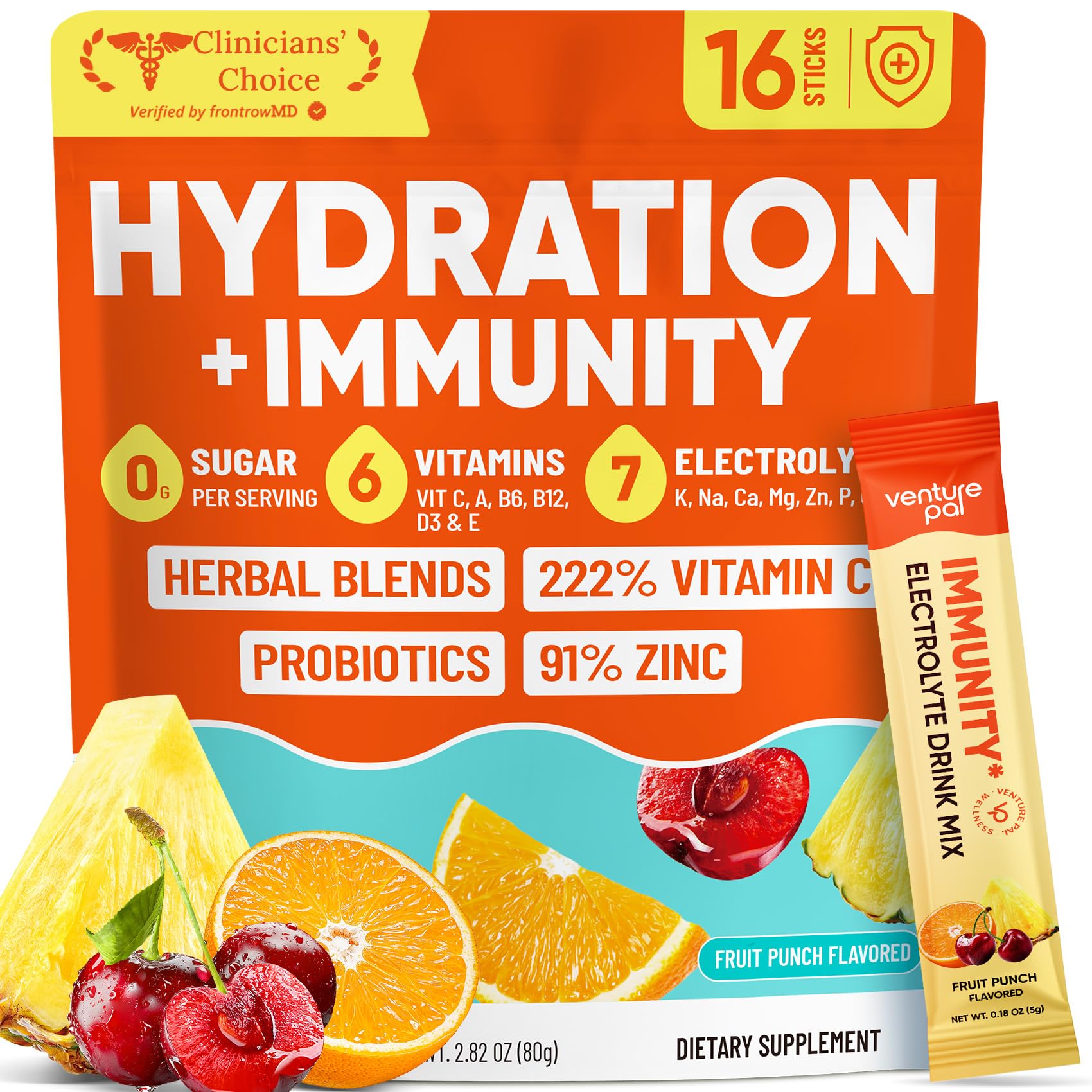 Venture Pal Sugar Free Hydration Packets+Immune-Liquid Daily IV Drink Mix | Electrolyte Powder with 7 Electrolytes & 6 Vitamins, Probiotics + Elderberry | Non-GMO, Keto Friendly, Vegan | 16 Sticks