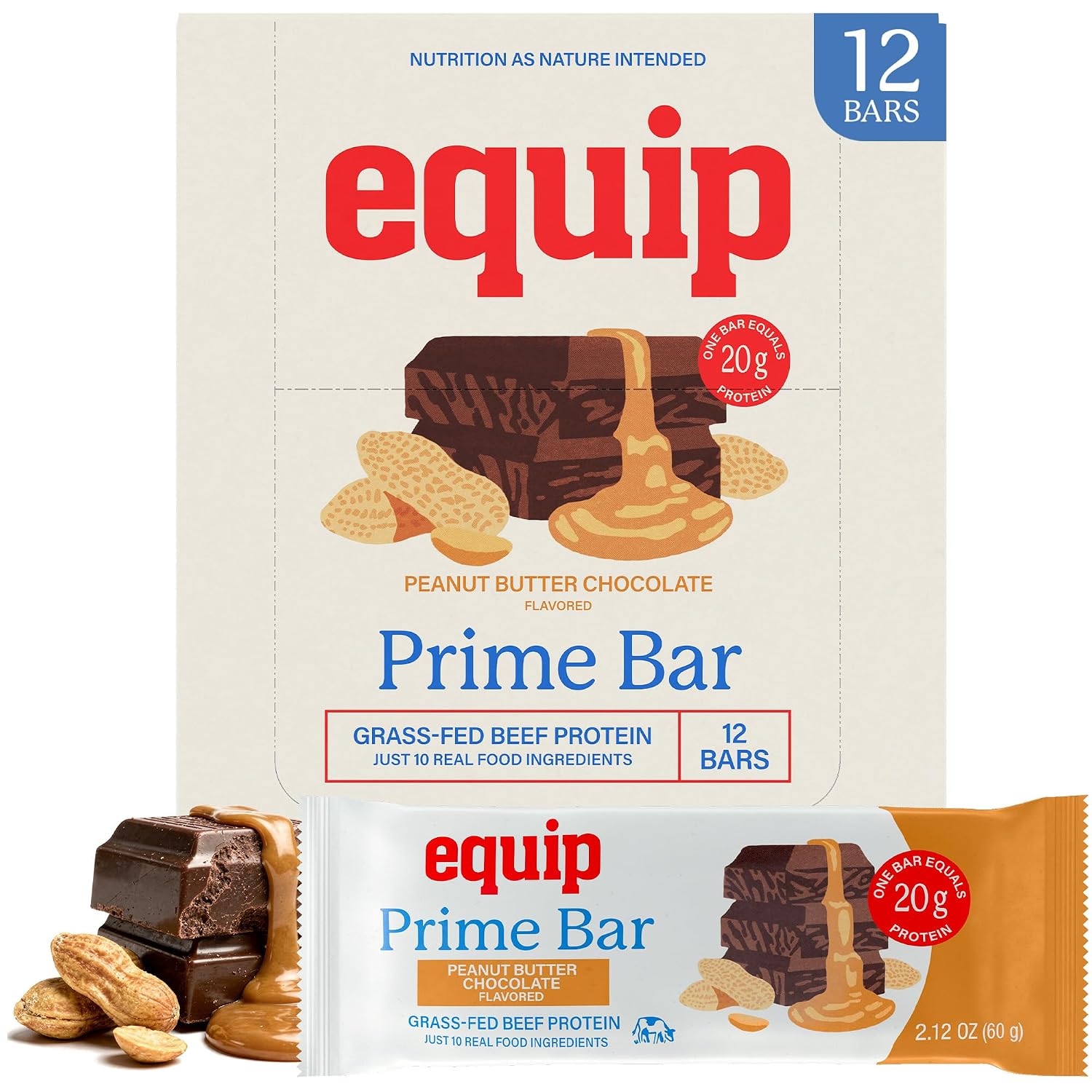 Equip Foods High Protein Prime Bars – Grass Fed Beef Protein, Collagen & Tallow – Gut Friendly, Gluten Free 20g Protein Bars - Only Real-Food Ingredients - Peanut Butter Chocolate, 12 Count