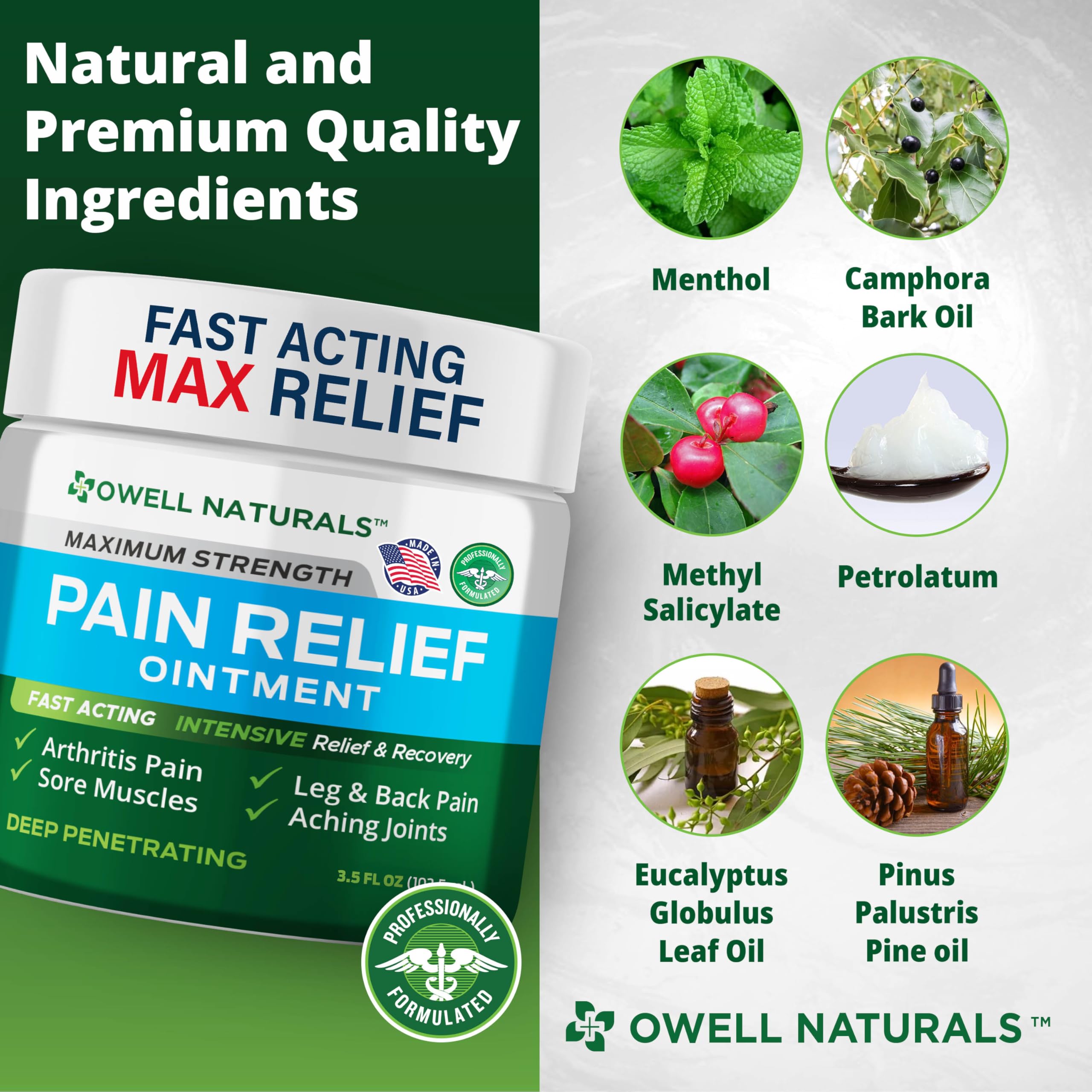 OWELL NATURALS Pain Relief Ointment Deep Penetrating Fast Acting Formula for Arthritis, Joint & Muscle Discomfort, Stiffness, Long-Lasting Soothing Balm, 3.5 oz Owell NaturalsBuy Supplements Australia