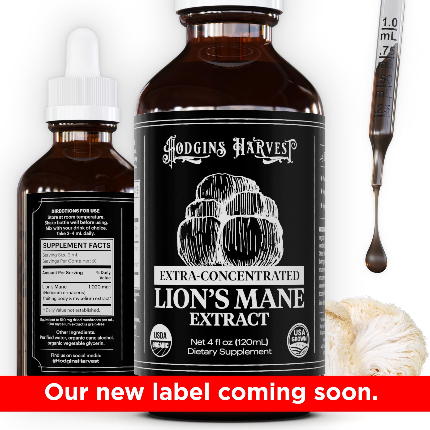 Hodgins Harvest Organic Lion's Mane Fruiting Body Extract Tincture - Mushroom Supplement for Brain Health and Mental Focus - Dual Extract Formula - Extra Concentrated - 4 fl oz Bottle