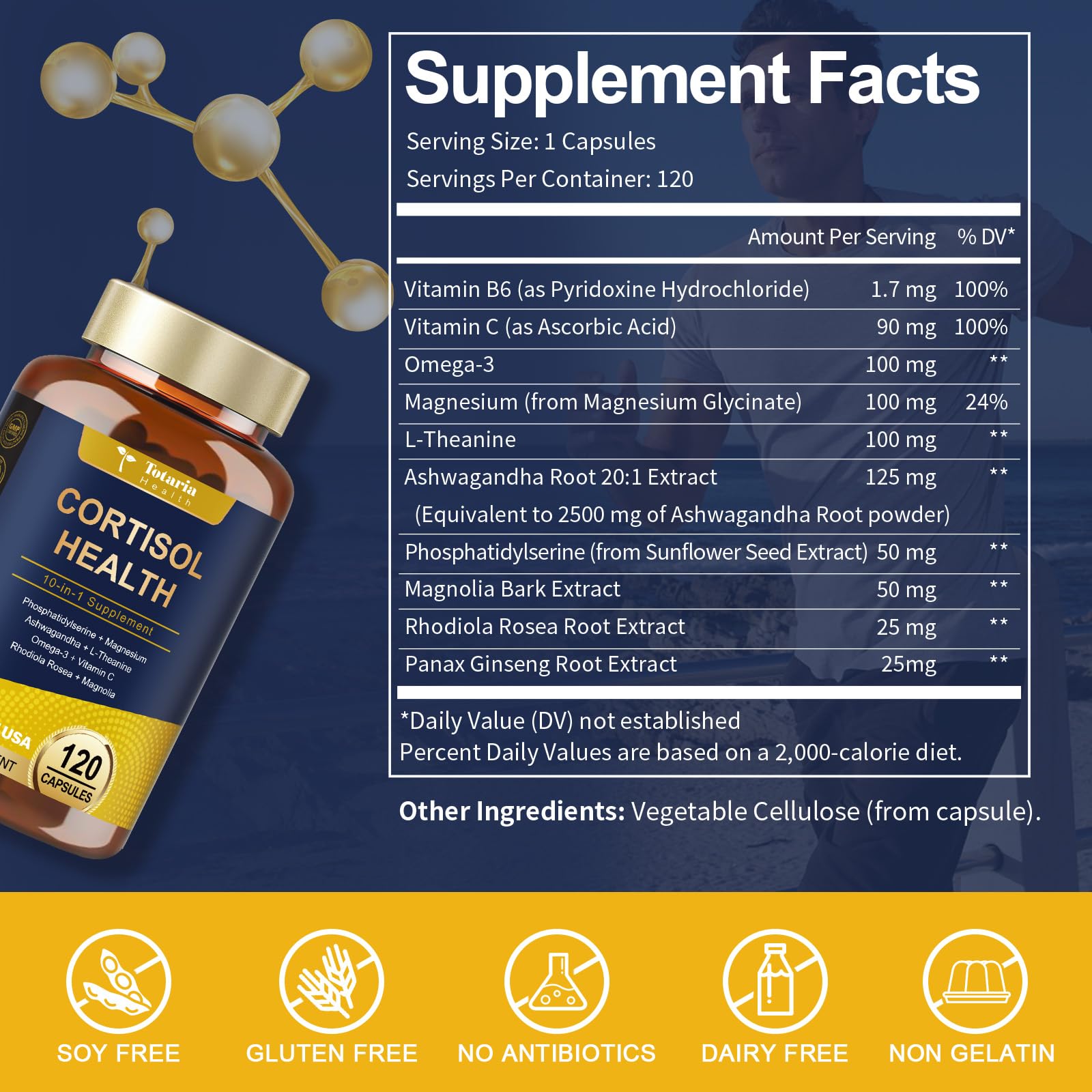 Totaria Cortisol Supplement with Ashwagandha,Magnesium,Rhodiola Rosea,L Theanine,Hormone Balance for Women 120 Vegan Capsules (Pack of 1)