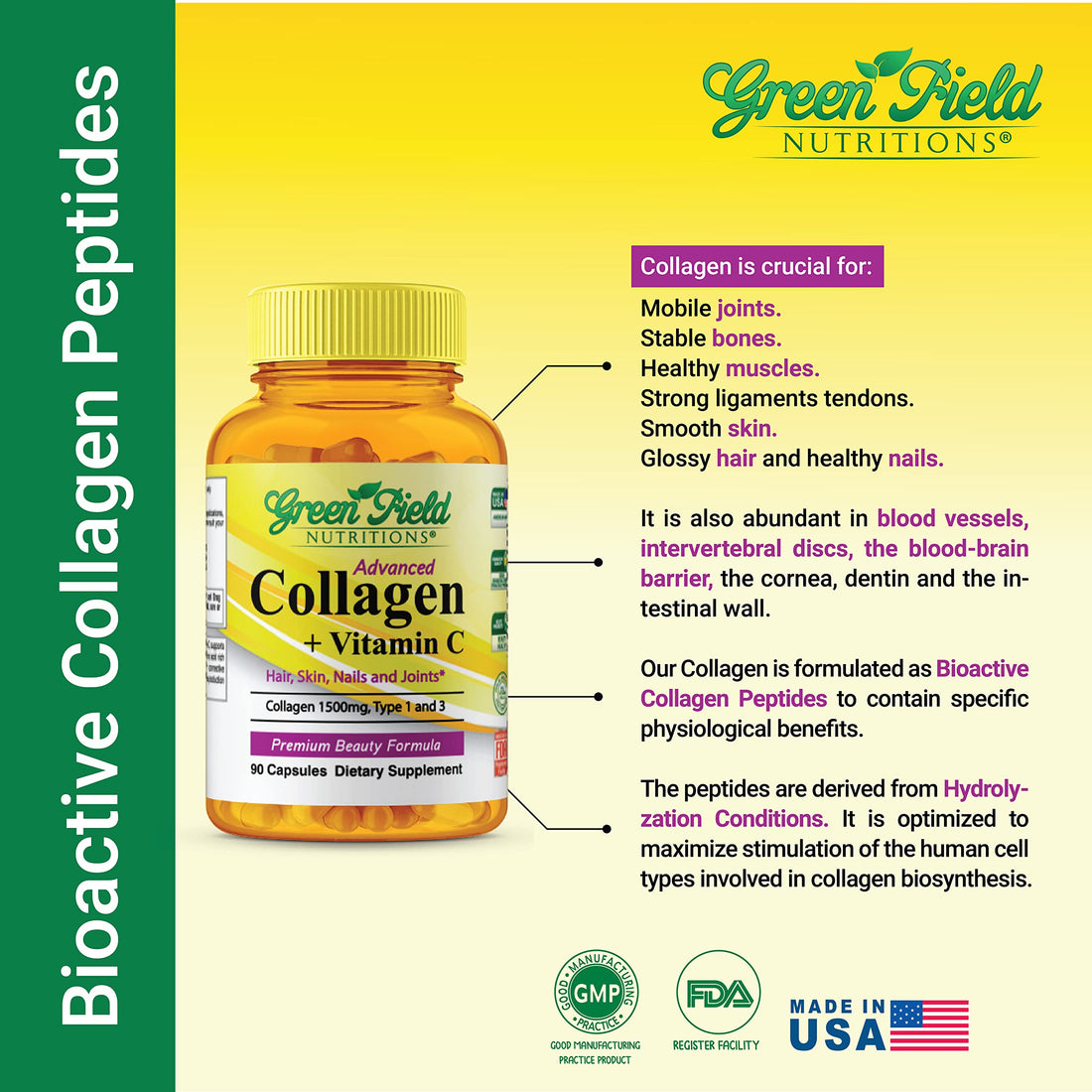 Greenfield Nutritions - Halal Collagen Peptides 1500 mg Type I & III, with Vitamin C 300 mg for Better Absorption, Anti-Aging Formula for Hair, Skin