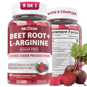 Beet Root Gummies, 9 IN 1 Nitric Oxide Supplements for Men & Women w/ L-Arginine, B1, B2, B3, B5, B6, Folate, B12, Sugar Free Beetroot Gummies for Energy Boost & Circulation, 120 Beet Chews, Vegan