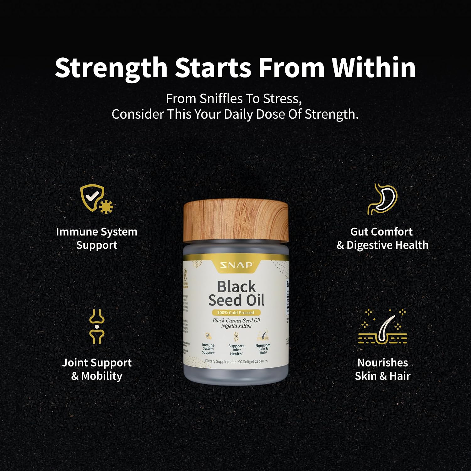 Snap Supplements Black Seed Oil for Immune Health, 90 Softgel Capsules | 100% Cold Pressed Black Cumin Seed Oil, Supports Immune Health, Detox, Skin, Hair, Joints & Overall Wellness