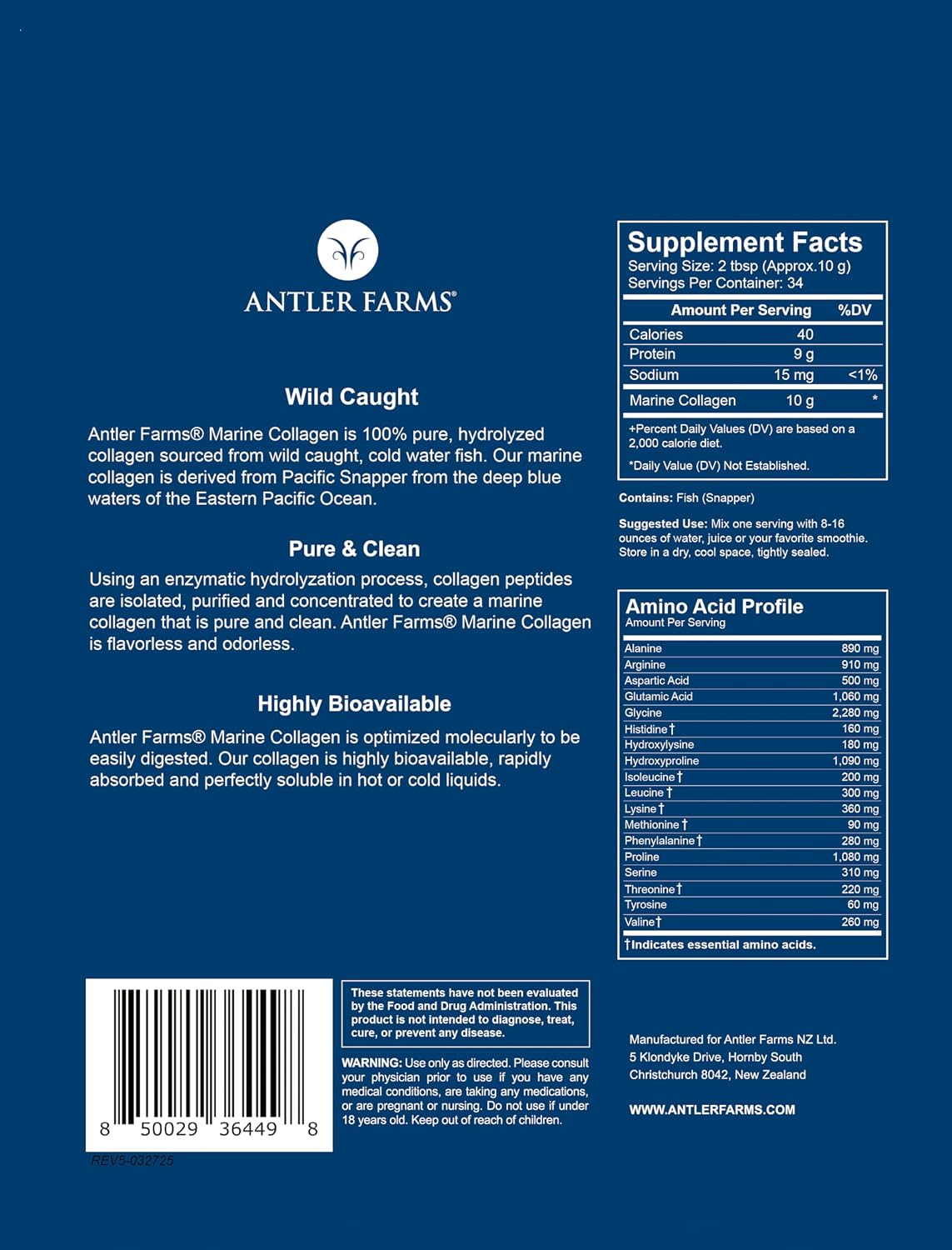 Antler Farms Marine Collagen Powder - Wild Caught Pacific Snapper, 12 oz | 100% Pure, Soluble in Hot or Cold Liquids, Highly Bioavailable, Rapid Absorption, No Taste or Smell