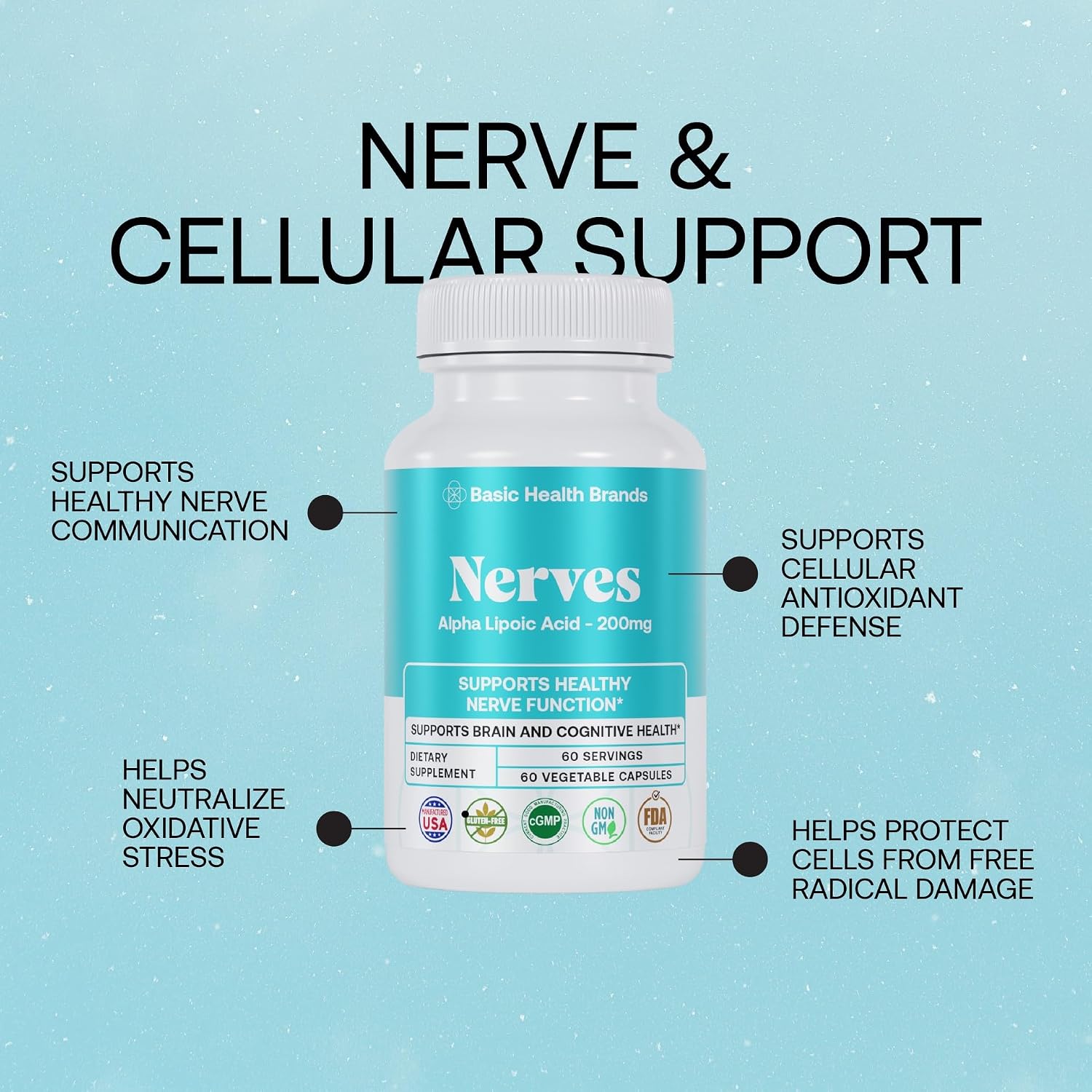 Basic Brands Nerves Alpha Lipoic Acid, 200 mg 1 Pack | Antioxidant, Immune Support, Eye Health Support, Heart Health Support, Nerve Health