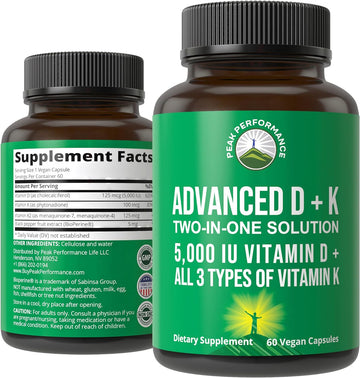 Peak Performance Advanced Vitamin D 5000 IU with All 3 Types of Vitamin K Vitamin D3 and Vitamin K2, K1, MK-7 (MK7), MK4 Supplement - 60 Small and Easy to Swallow Vegetable Capsules