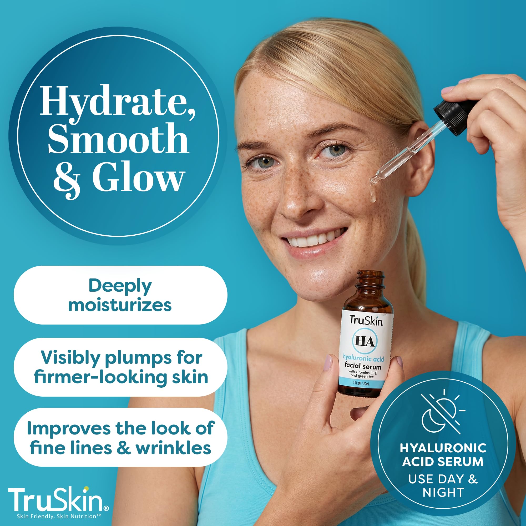 TruSkin Hyaluronic Acid Serum for Face for Hydrated, Plumper Skin, 1 fl oz | With 7 ultra-hydrating ingredients to replenish moisture and leave skin feeling soft, smooth and healthy-looking