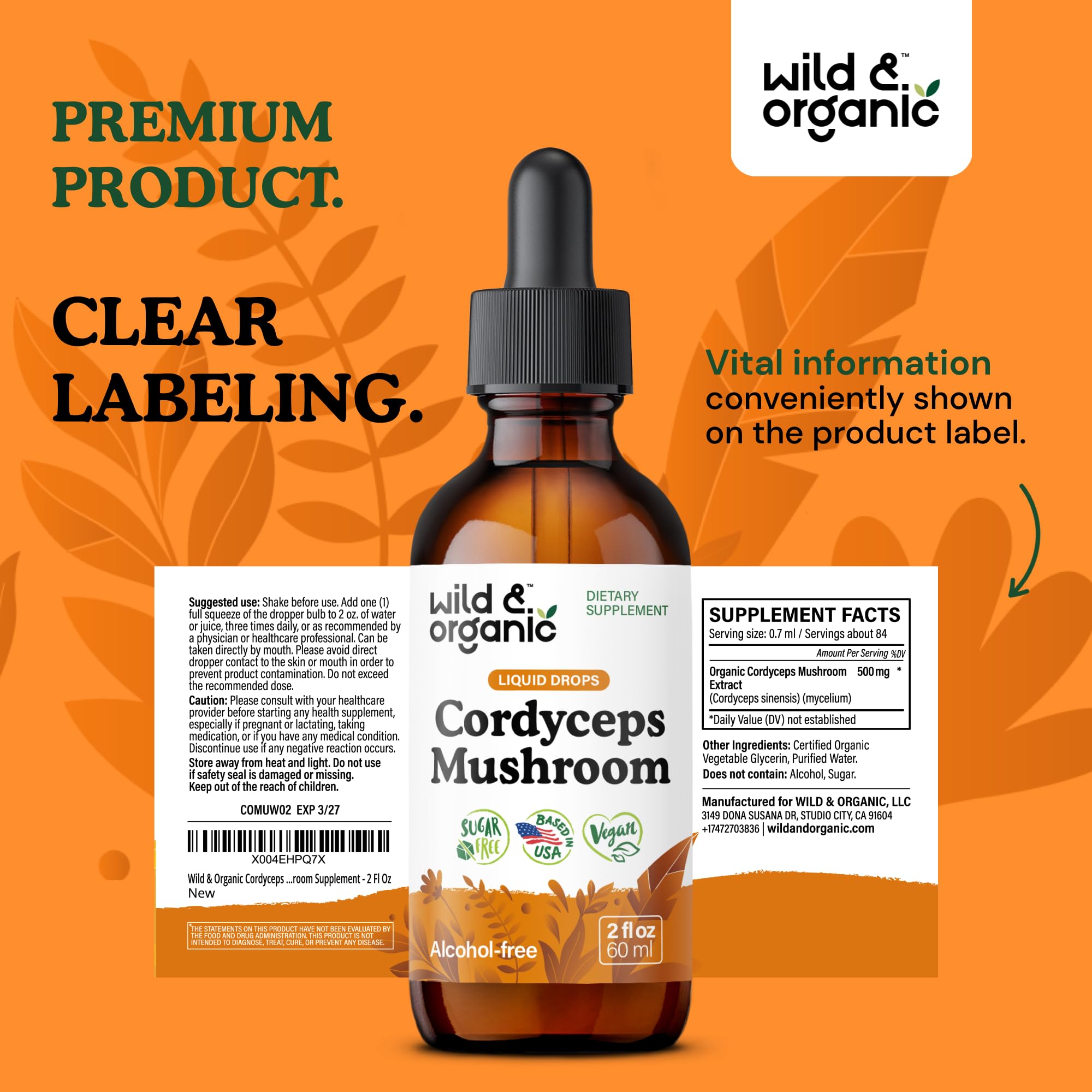Wild & Organic Cordyceps Mushroom Tincture - Energy & Immune Support - Cordyceps Sinensis Extract Supplement - Liquid Mushroom Drops - Add to Tea & Mix with Powder - Sugar & Alcohol-Free - 4 fl oz