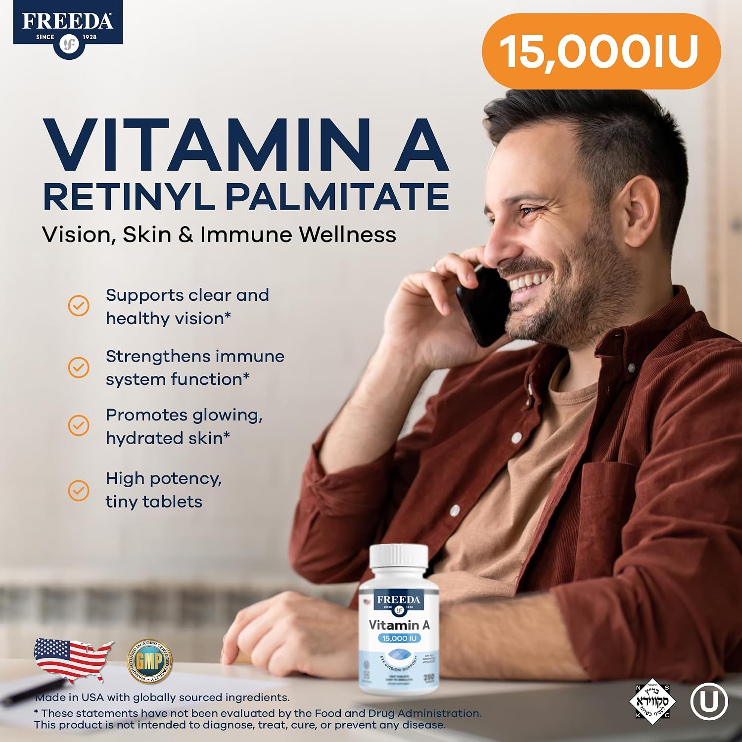 FREEDA Vitamin A 15,000 IU – Retinyl Palmitate – Vegan, Kosher, No Fish – Eye, Vision, Immune & Skin Support – Tiny Easy-to-Swallow Tablets – VIT A Vitamina A Supplement – 250 Tablets | Supports Healthy Vision, Skin, and Immune Function – Highly Absorbabl
