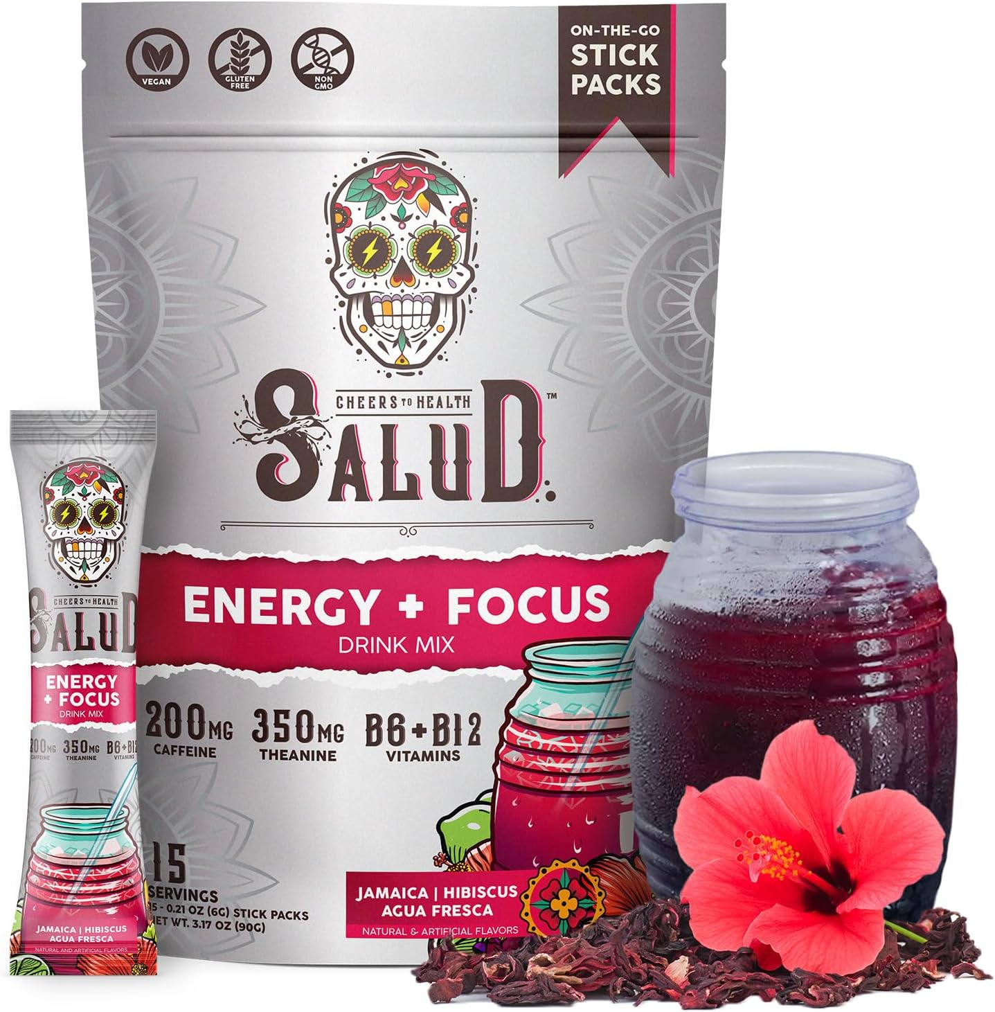 Salud 2-in-1 Energy + Focus Drink Mix, Hibiscus | Organic Caffeine, B6 + B12, Theanine, Clean Energy Packets, Agua Fresca Mix, Non-GMO, Gluten Free, 1g of Sugar (15 Servings)