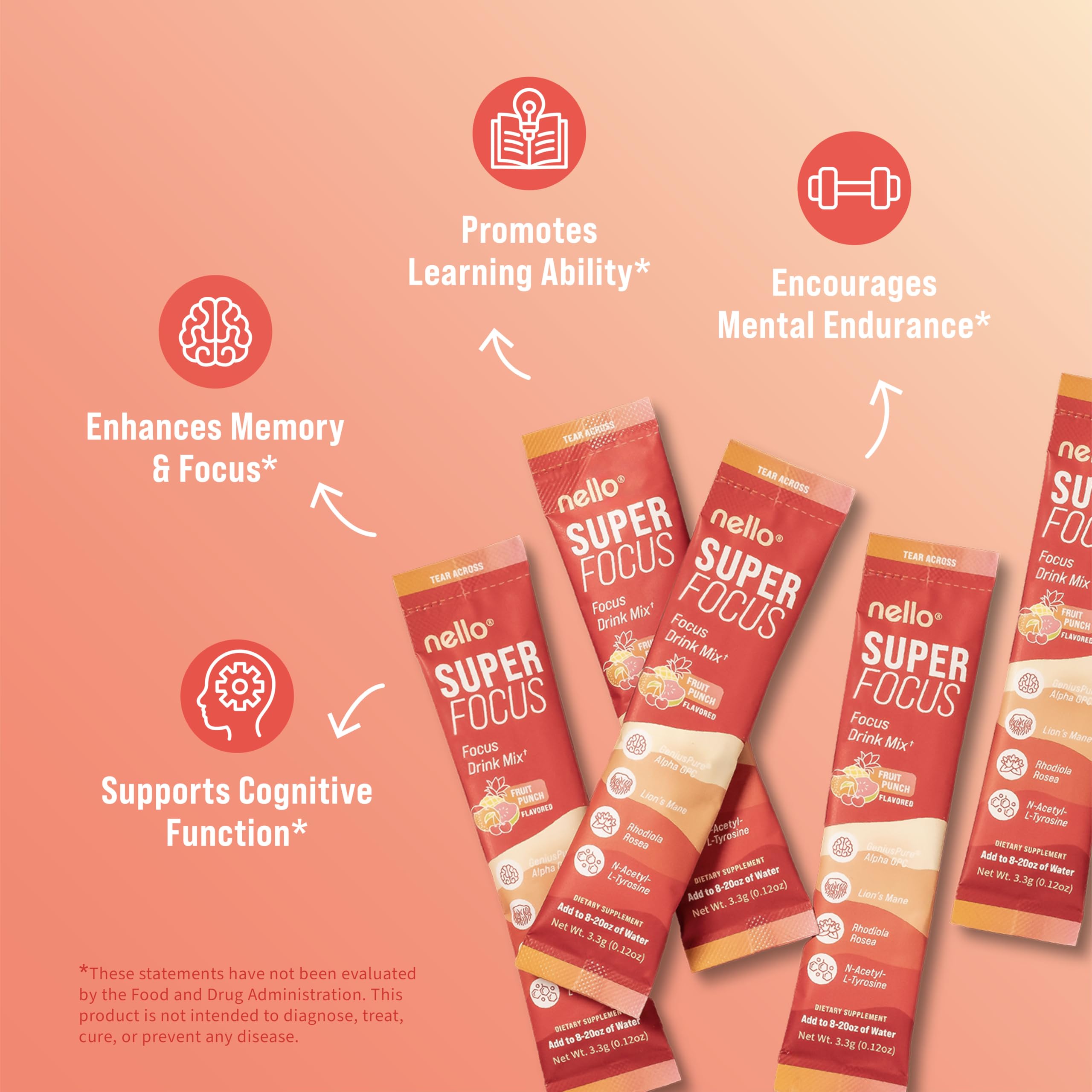 Nello Superfocus Focus Drink Mix – Fruit Punch Flavor – Alpha GPC, Lion’s Mane, Rhodiola & N-Acetyl L-Tyrosine – Sugar-Free, On-the-Go Packets – 20 Servings NelloBuy Supplements Australia