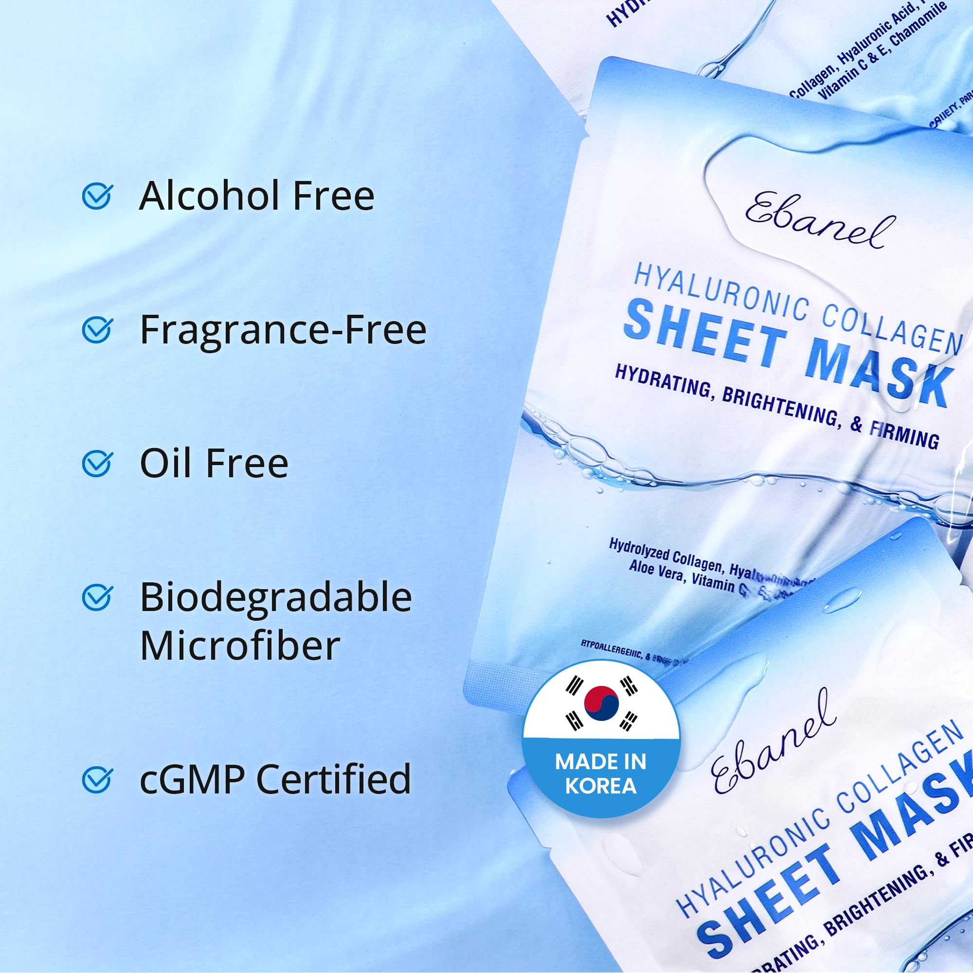 Ebanel 10 Pack Collagen Face Mask with Hyaluronic Acid, Vitamin C, Peptide, Aloe, Instant Brightening Hydrating Face Masks Skincare Korean Sheet Mask, Skin Firming, Lifting Anti Aging Facial Masks