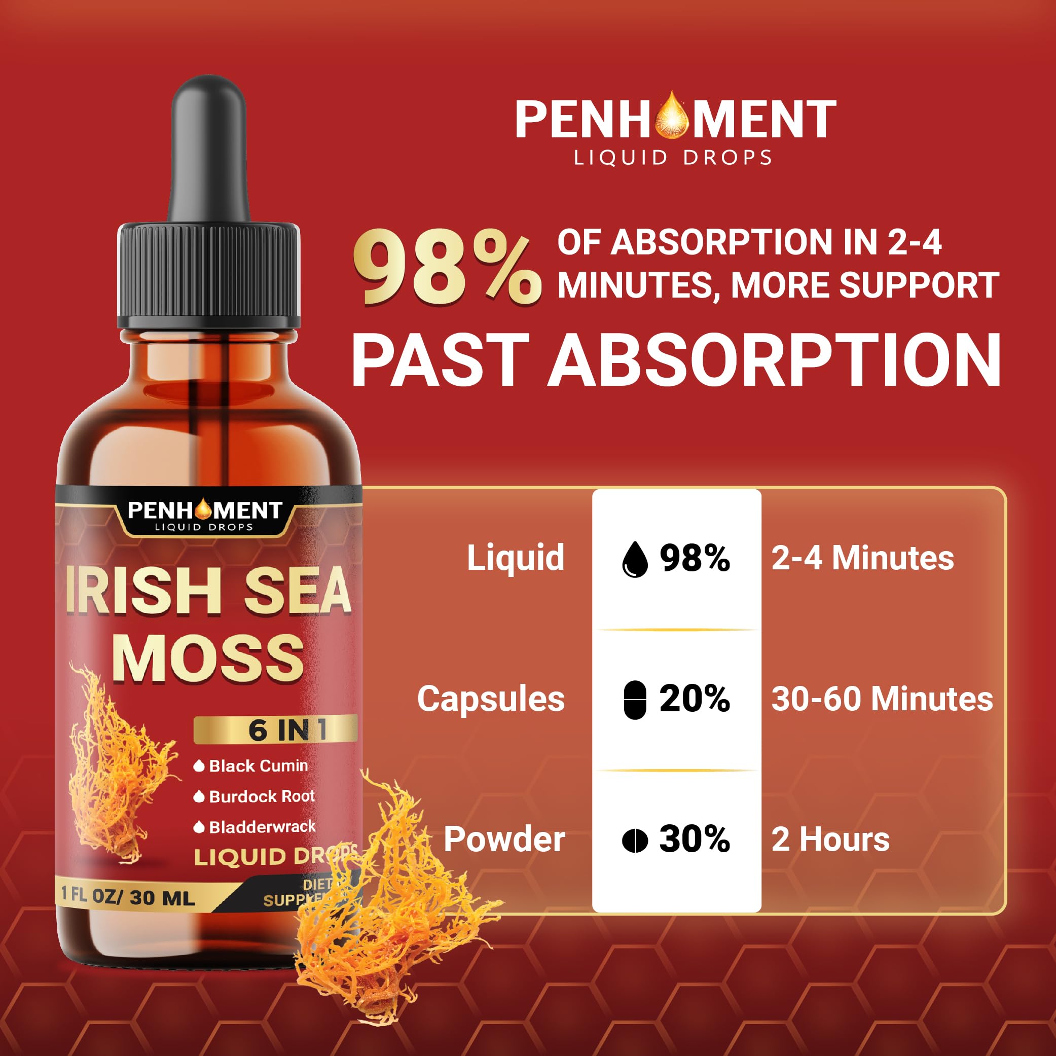 Penhoment 6in1 Sea Moss Drops with Black Seed Oil Irish Seamoss, Ashwagandha, Burdock Root & Bladderwrack - 1FL Oz - 30 Day Supply Penhoment buy supplements Au