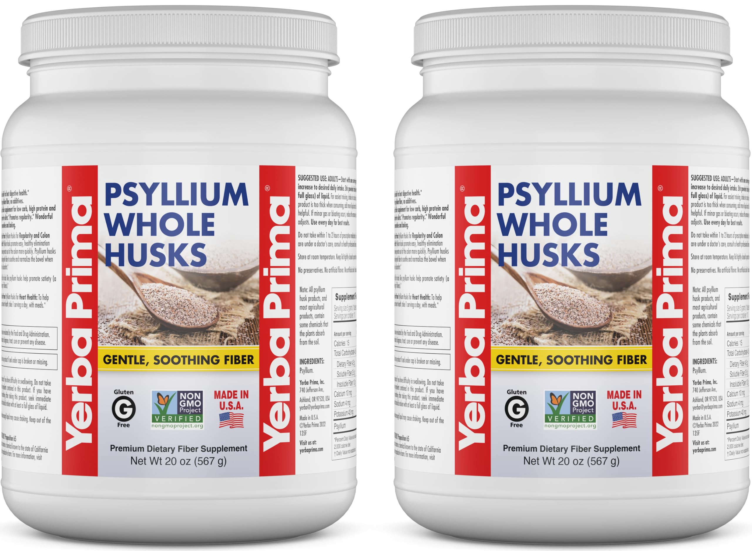 Yerba Prima Psyllium Whole Husks Fiber Supplement 20oz - Colon Cleanse - Gut Health - Vegan Non-GMO Gluten Free