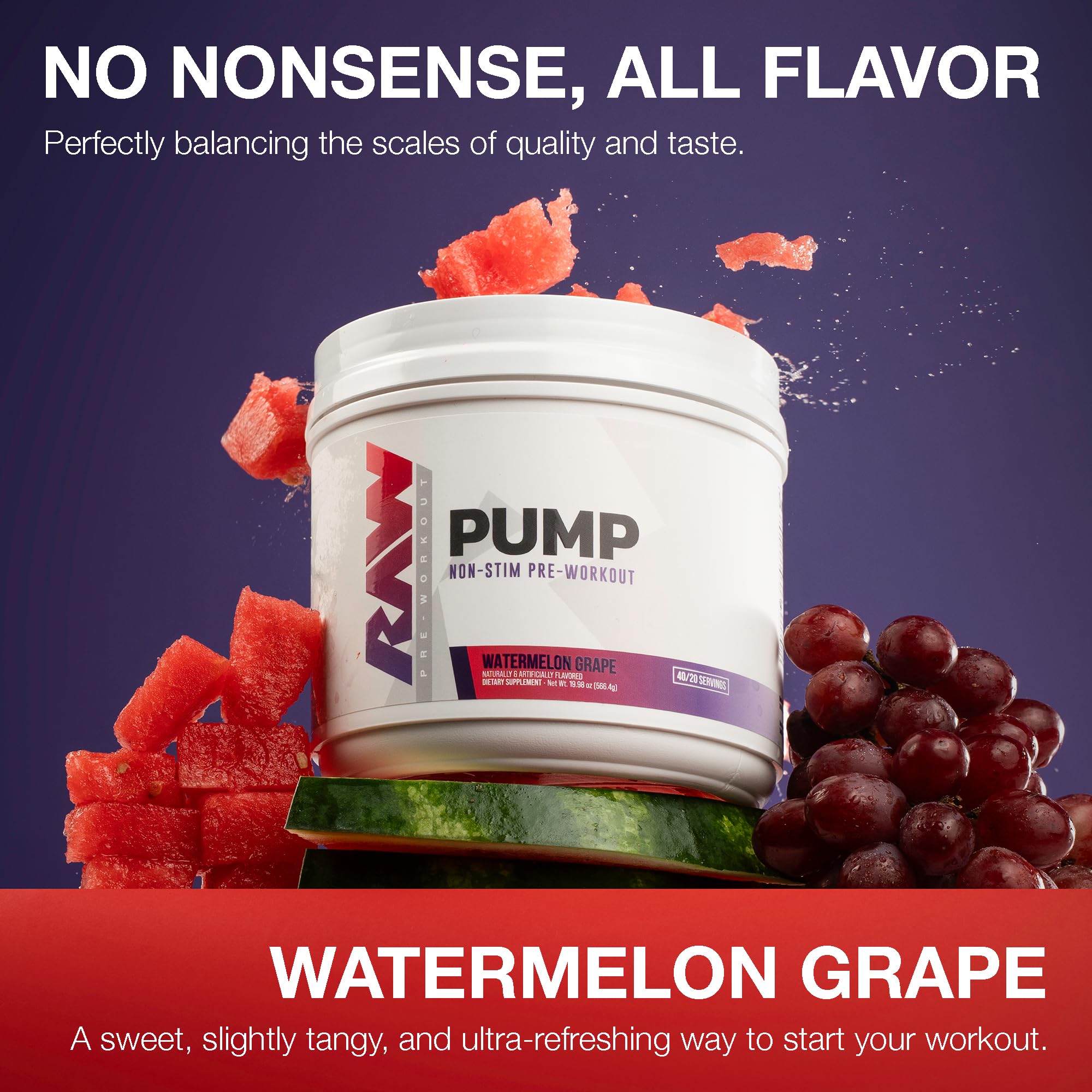 RAW Pump Stim Free Pre Workout (Watermelon) - Non-Stimulant Pre Workout Supplement Powder Nitric Oxide Booster - Pre Workout Supplements Drink for During Workout - 40 Servings
