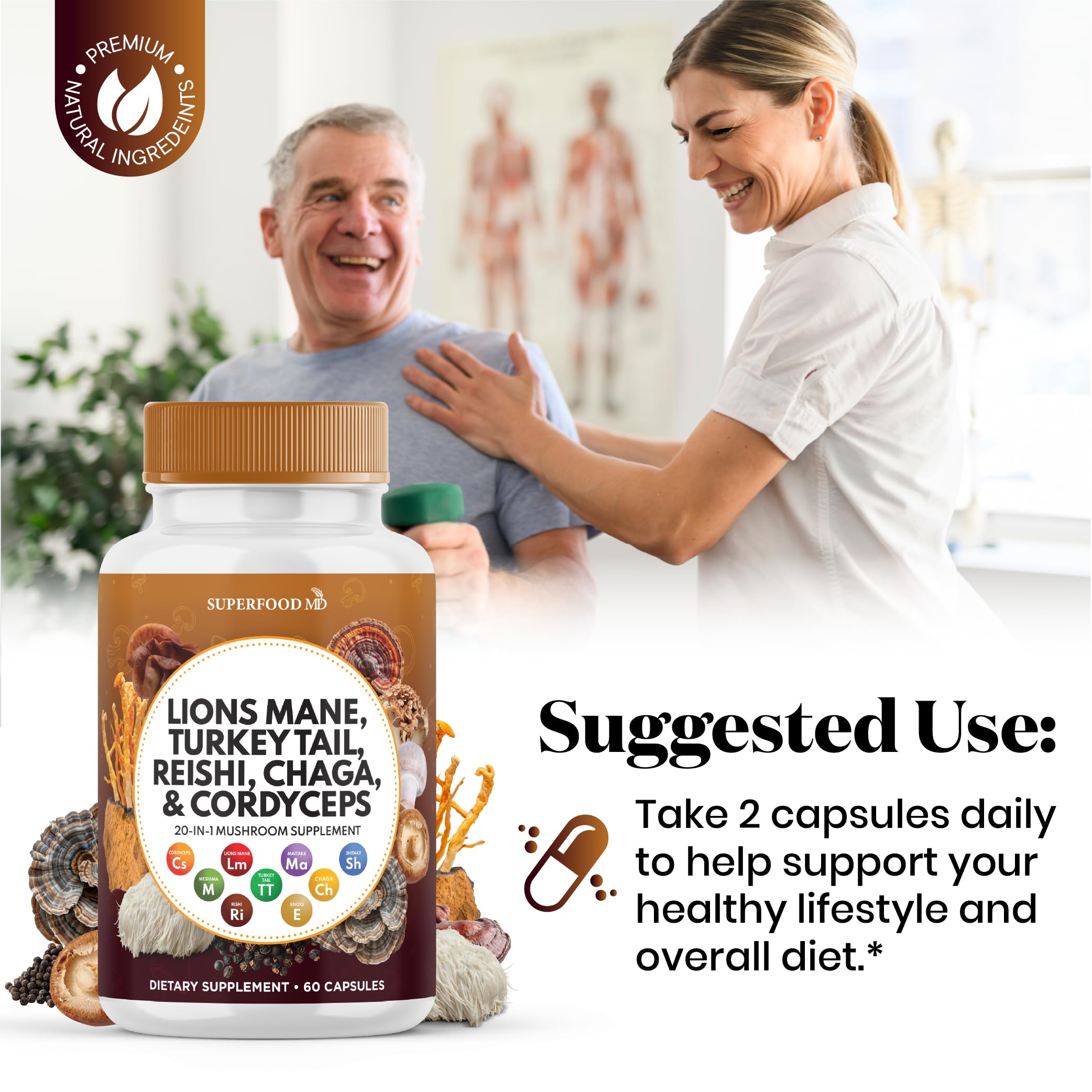 Superfood MD Lions Mane Mushroom Supplement with Turkey Tail Reishi Cordyceps Chaga with Marshmallow Root - 120 Count