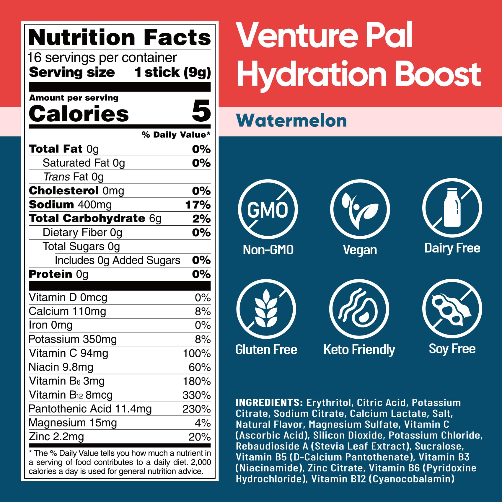 Venture Pal Sugar Free Electrolyte Powder Packets, Keto Friendly, 16 Sticks | Liquid Daily IV Hydration Packets for Rapid Rehydration. 7 Electrolytes & 5 Vitamins | Non-GMO | Vegan | Fast Dissolve