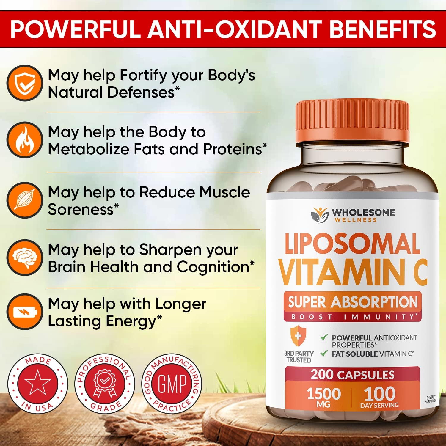 Wholesome Wellness Liposomal Vitamin C Capsules (200 Pills 1500mg Buffered) High Absorption VIT C + Whole Food Multivitamin for Women - Natural Multi Vitamins, Minerals, Organic Extracts Bundle