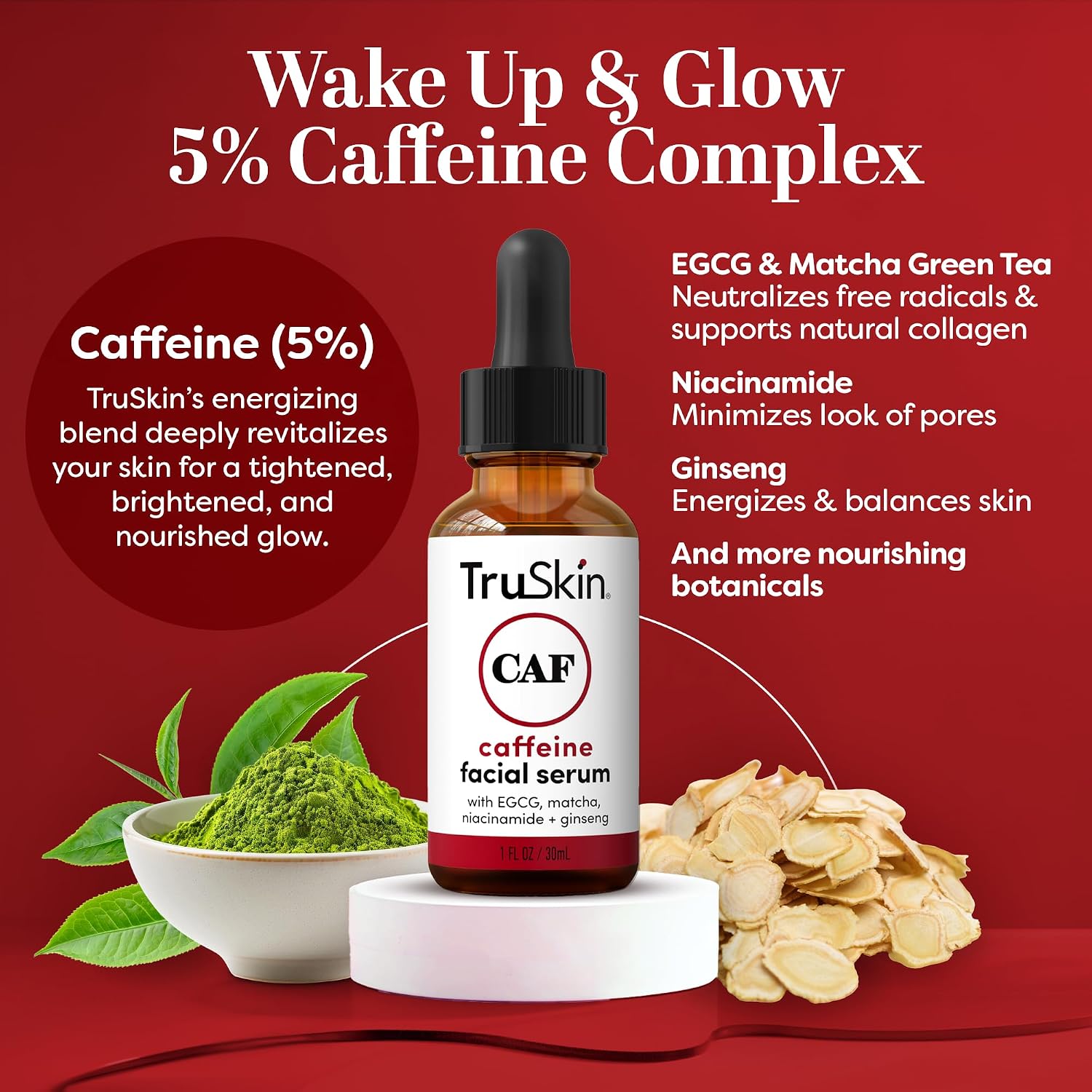 TruSkin Caffeine Face & Eye Serum for Dark Circles & Puffiness, 1 fl oz | With 5% Caffeine, EGCG, Niacinamide, Matcha & Ginseng to visibly refresh and energize tired-looking eyes