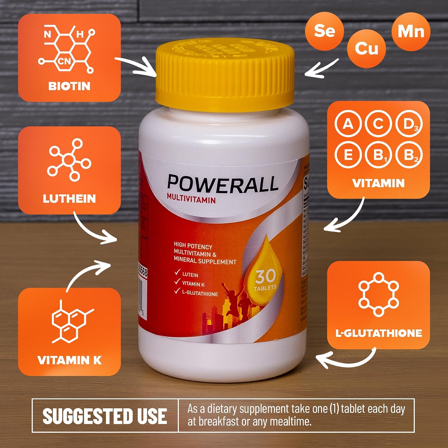 U.S. Health Club PowerAll Adult Multivitamin for Men & Women, 30 Tablets | Adult Multivitamin , Lutein, Vitamin K1, Iron, Zinc, Selenium, Boron, Chromium