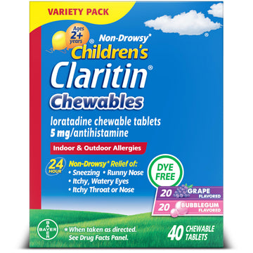 Claritin Children's Allergy Medicine, 24-Hour Non-Drowsy Loratadine 5mg Chewable Tablet, Antihistamine for Kids Ages 2 Years and Older, Grape & Bubble Gum Flavors, Dye-Free, 40 Tablets Claritin buy supplements Au