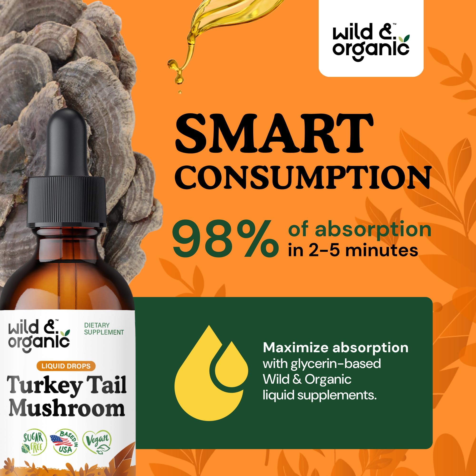 Wild & Organic Turkey Tail Mushroom Tincture - Immune Support Drops with Turkey Tail Extract - Liquid Mushroom Supplement for Gut Support - Vegan, Sugar & Alcohol-Free - 4 fl oz