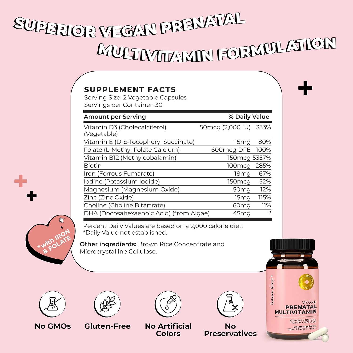 Future Kind Prenatal Vitamin - Pregnancy, Lactation, and Wellness Support with DHA & L-Methylfolate - Folate Supplement for Women with Vitamin D, E, Iron, Omega-3 and Biotin (60 Capsules)