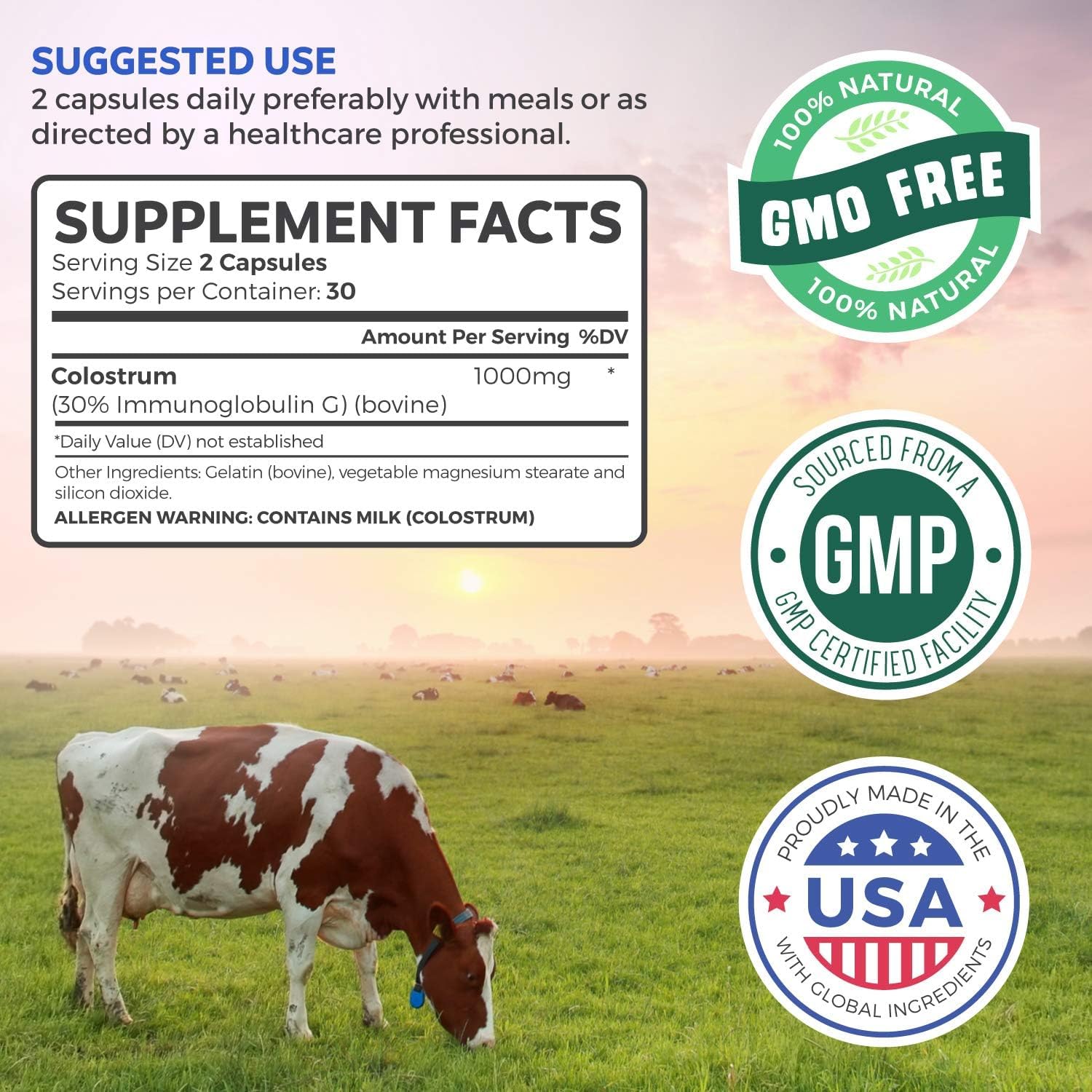 Bovine Colostrum for Women - Colostrum Supplement with 1,000mg per Serving and 30% IgG Immunoglobulins from First Milking - Low Heat Processed for Maximum Potency Non-GMO & Made in the US (2 Month)