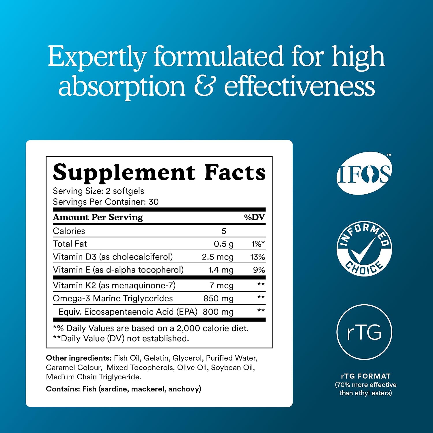 MitoQ Advanced EPA Omega-3 – High-Purity 800mg EPA Fish Oil Supplement | with Vitamin K2, D3, E | Cardiovascular, Brain, Cellular Support | No Fishy Aftertaste | 60 Softgels
