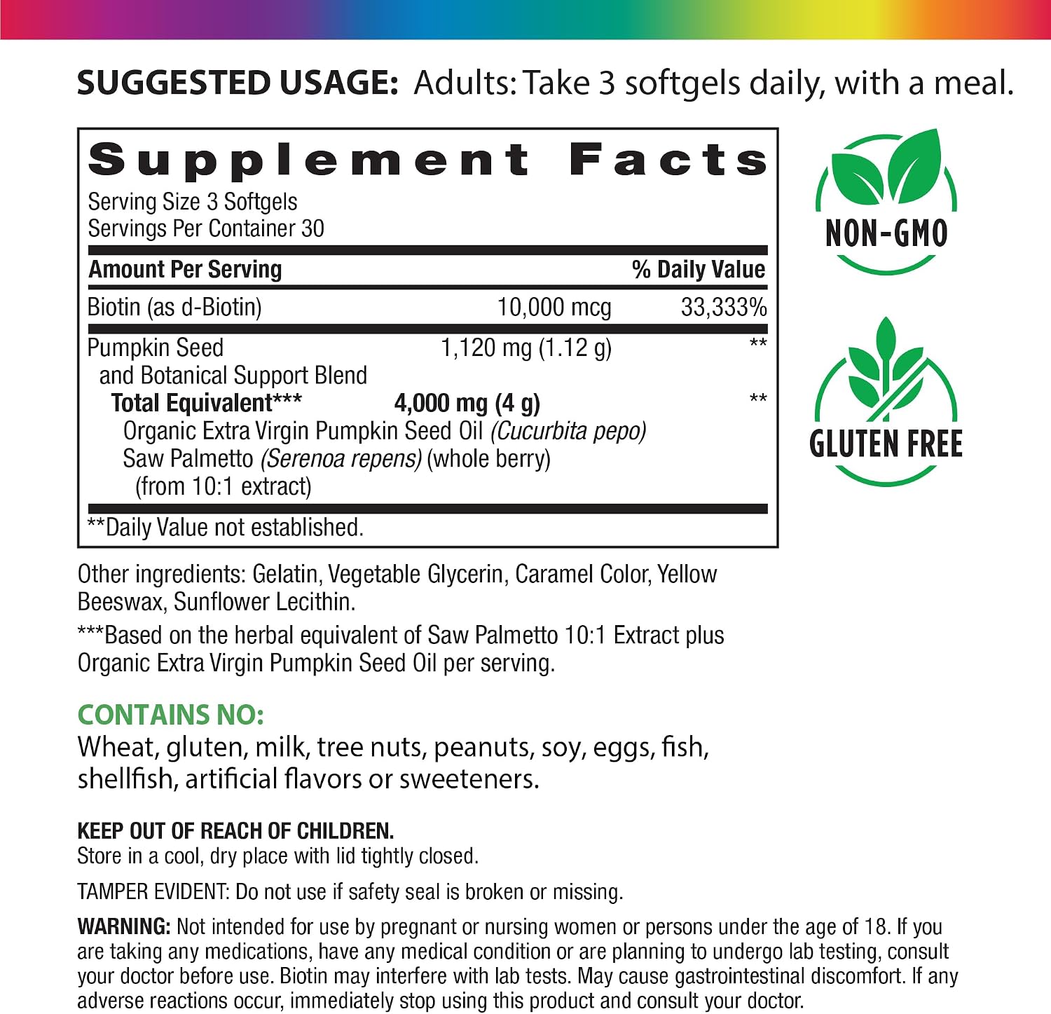Rainbow Light Pumpkin Seed Oil with Saw Palmetto | 90 Softgels | Plus Biotin | Supports Hair & Skin Health | Cold Pressed, Virgin Herbal Supplement