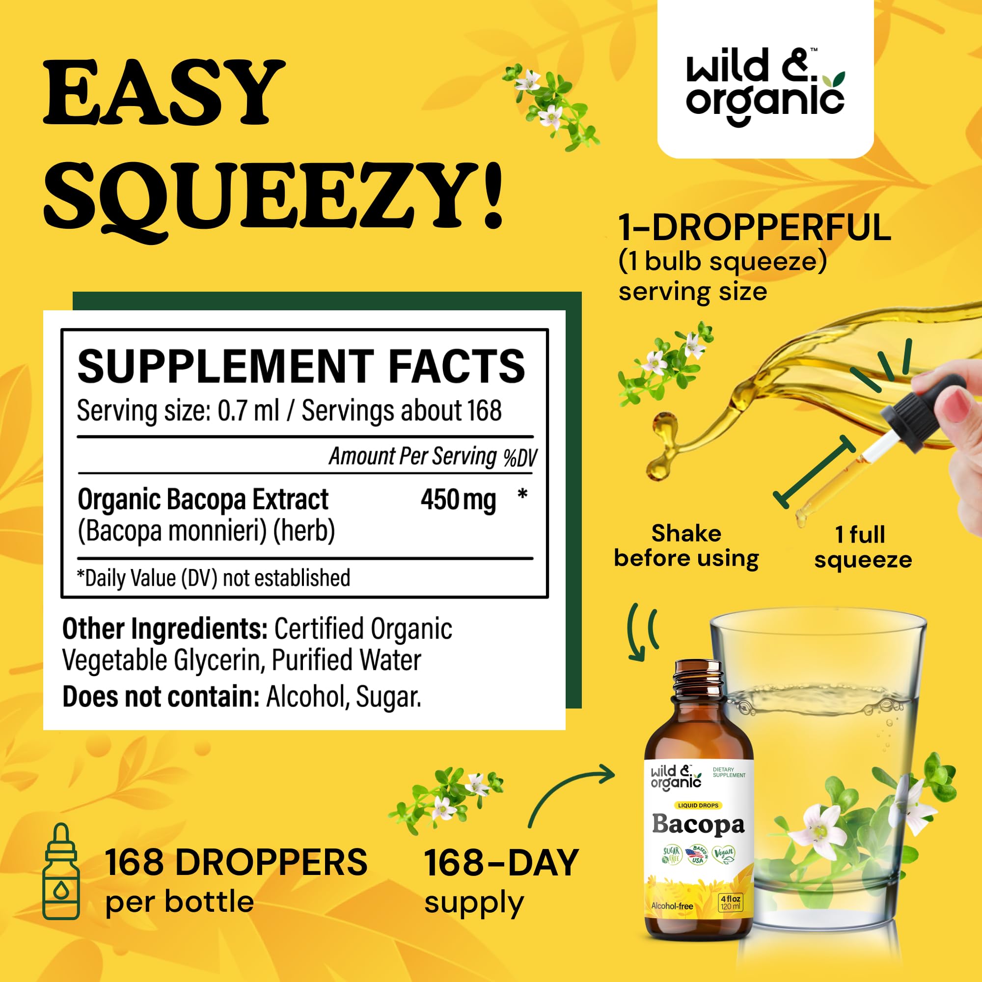 Wild & Organic Bacopa Monnieri Supplement - Brain & Focus Support - Bacopa Extract Liquid Drops - Brahmi Herb Tincture to Add to Tea - 5-Month Supply - Vegan, Sugar & Alcohol-Free - 4 fl oz