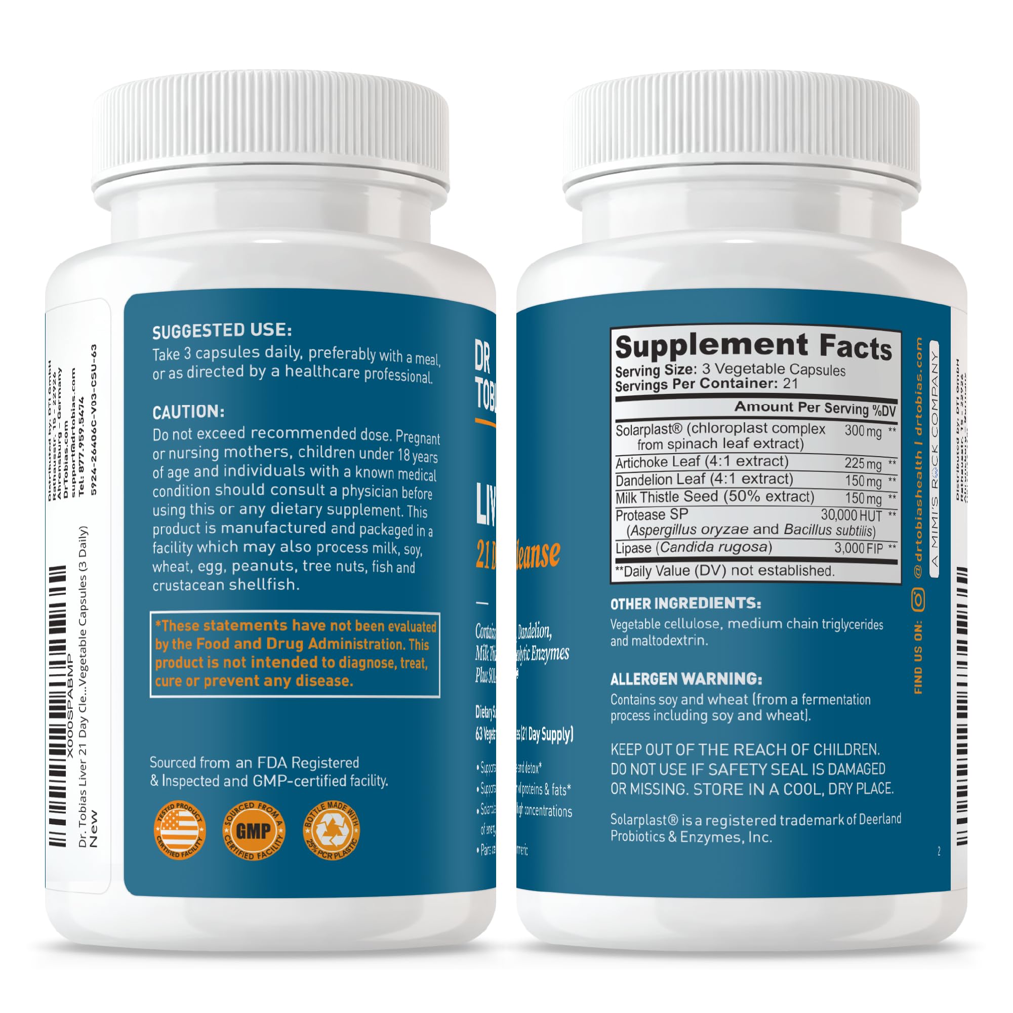 Dr. Tobias Liver 21 Day Cleanse 63 Capsules | Herbal Liver Detox Cleanse | Liver & Digestive Support | Milk Thistle + Dandelion + Artichoke | SOLARPLAST + Enzymes | 21-Day Program