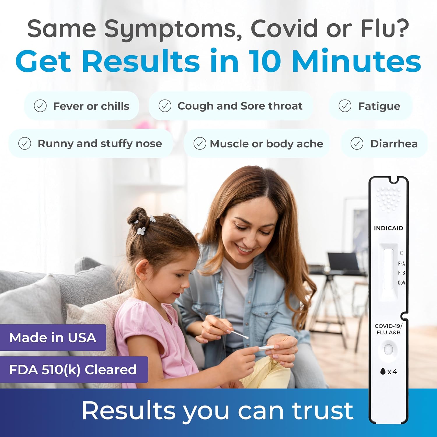 INDICAID COVID-19/Flu A+B 3-in-1 Antigen Test, Covid Flu Test Combo, 5 Tests, Accurate Results in 10 Minutes - Made in USA, Easy to Use at Home, School, Working Place, and when Traveling- FSA/HSA Eligible