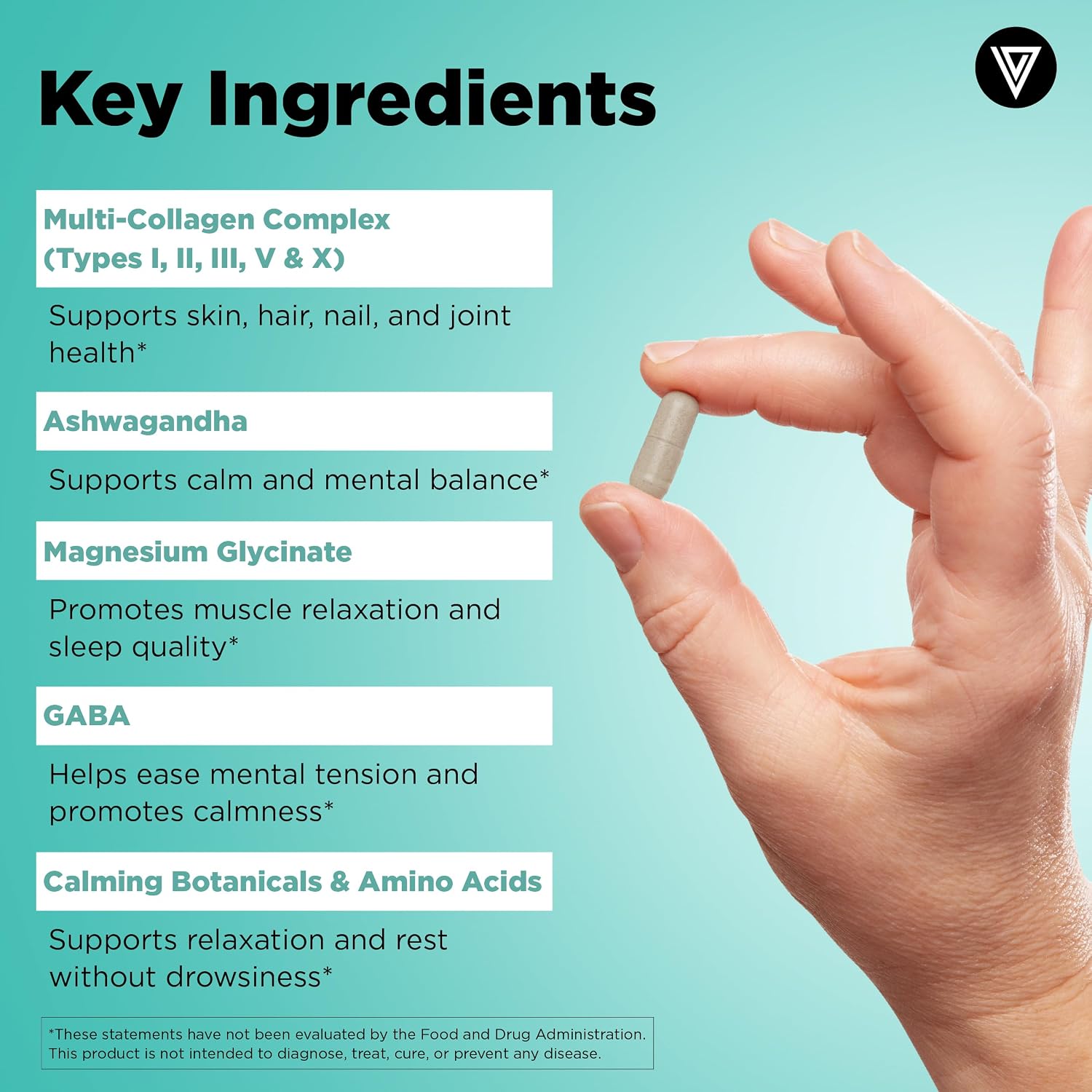 Vital Vitamins Multi Collagen Complex + Calm with Ashwagandha, 90 Capsules | Melatonin-Free Relaxation, 5 Collagen Types I, II, III, V & X with L-Theanine, Ashwagandha, GABA & Magnesium Glycinate